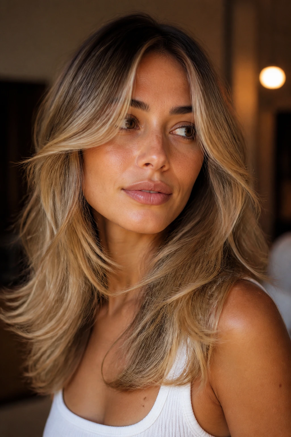 Close-up of a real woman with an airy butterfly cut and golden veil on olive skin