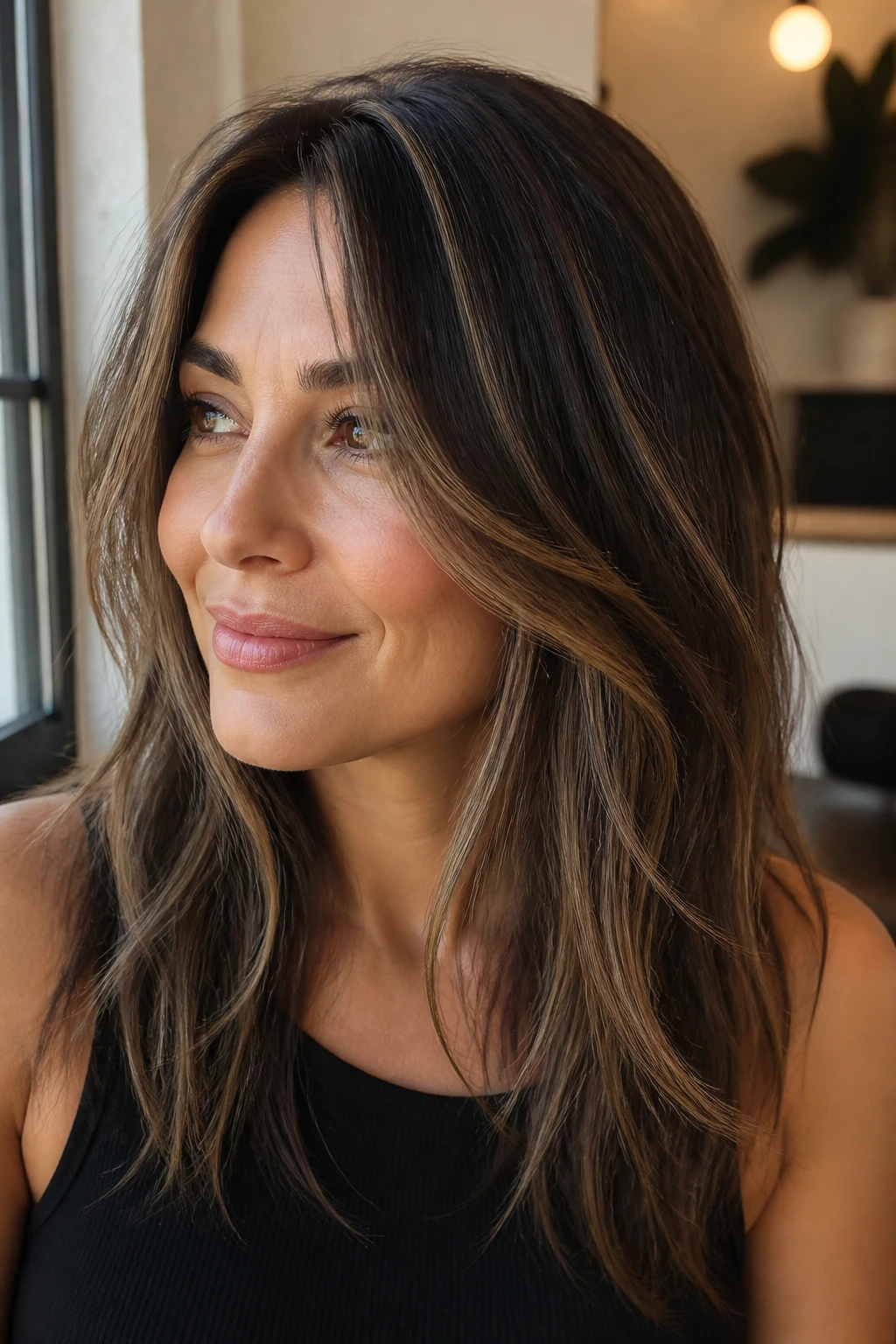 Close-up of a real woman with fine dark hair showing airy camel threads for lift