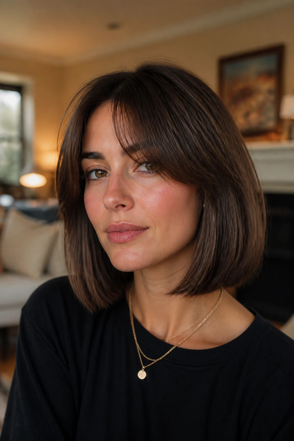 Portrait of a real woman with a blunt bob and airy curtain bangs split center