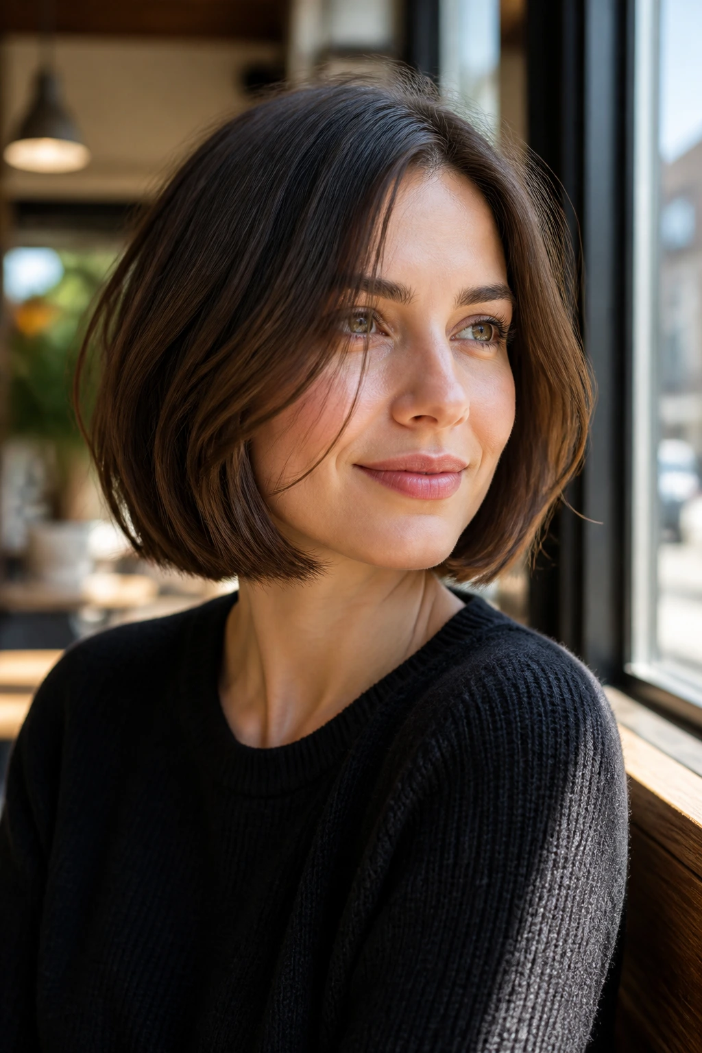 Real woman with airy chin-length bob framed by natural cafe daylight