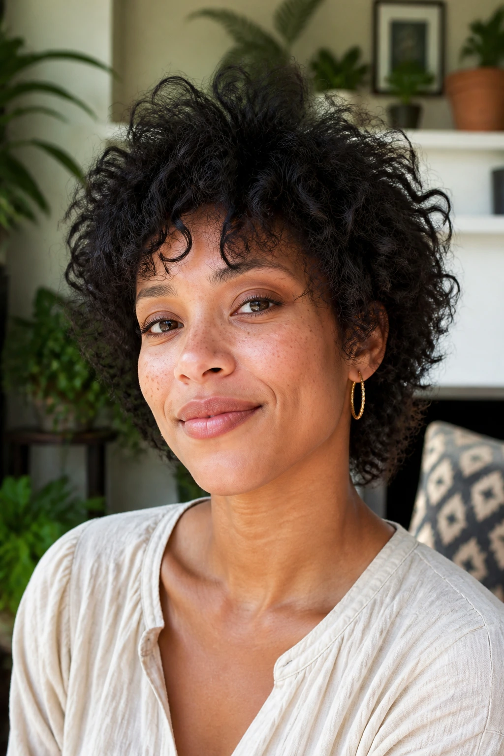 Close-up portrait of a real person with an airy coily shag showing lifted crown and defined coils