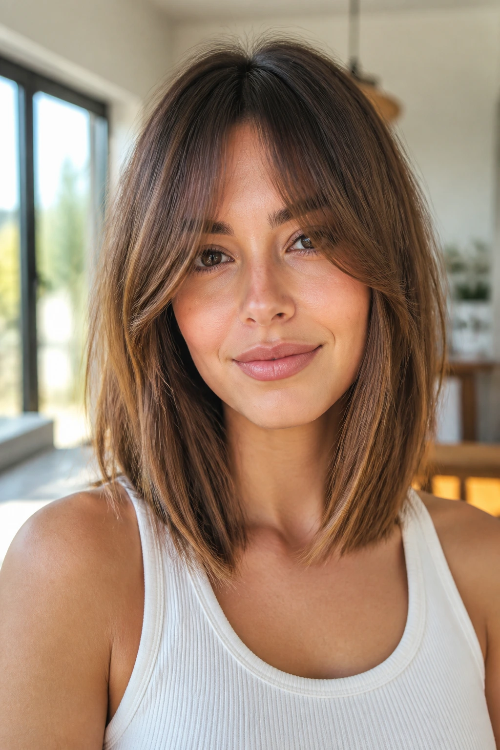 Real woman with airy collarbone lob and long curtain fringe in bright natural light.