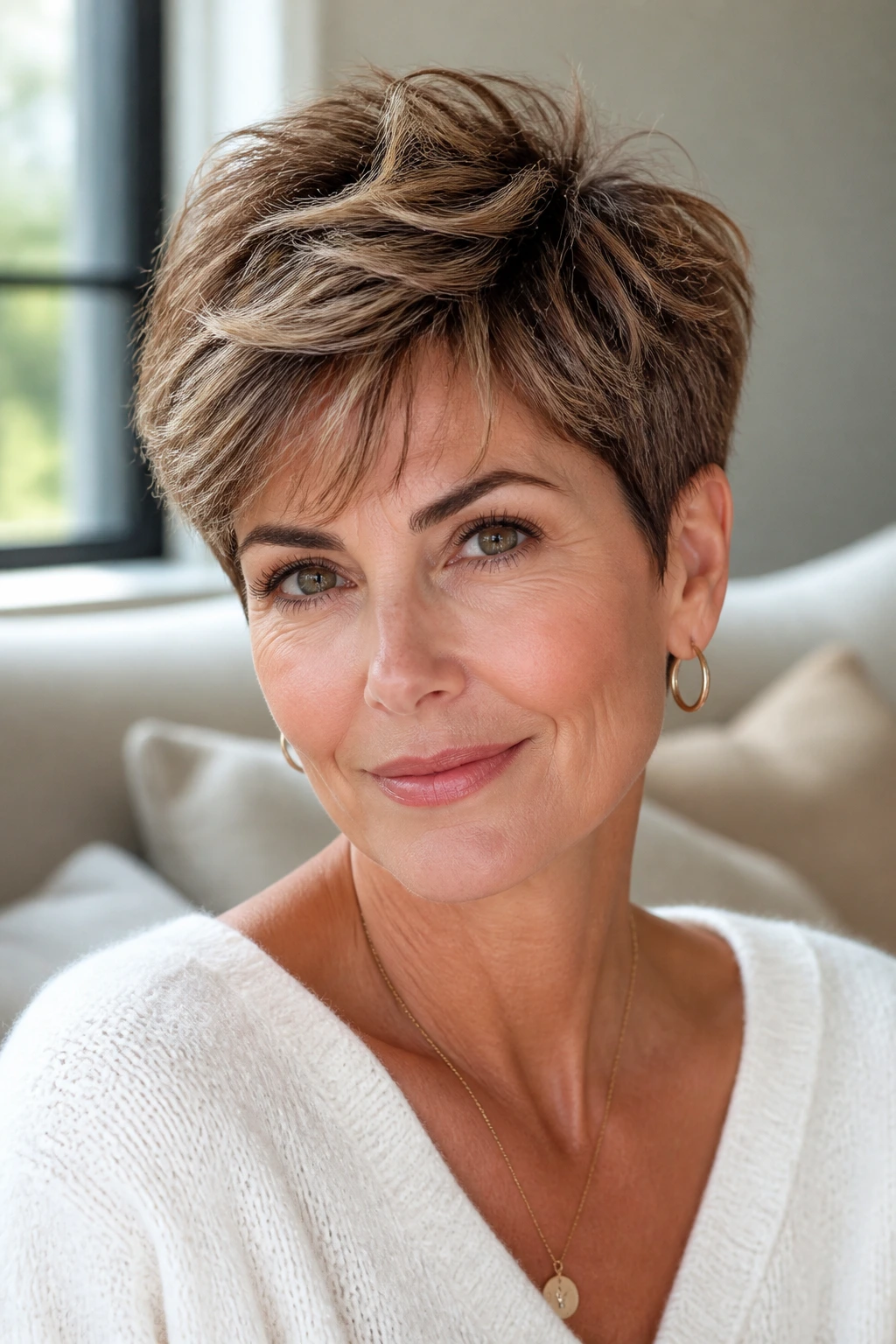 Close-up of a woman with an airy crop and caramel-top highlights in a sunlit room