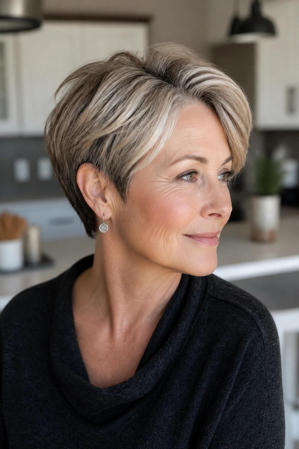 Close-up portrait of real woman with airy crop and side part