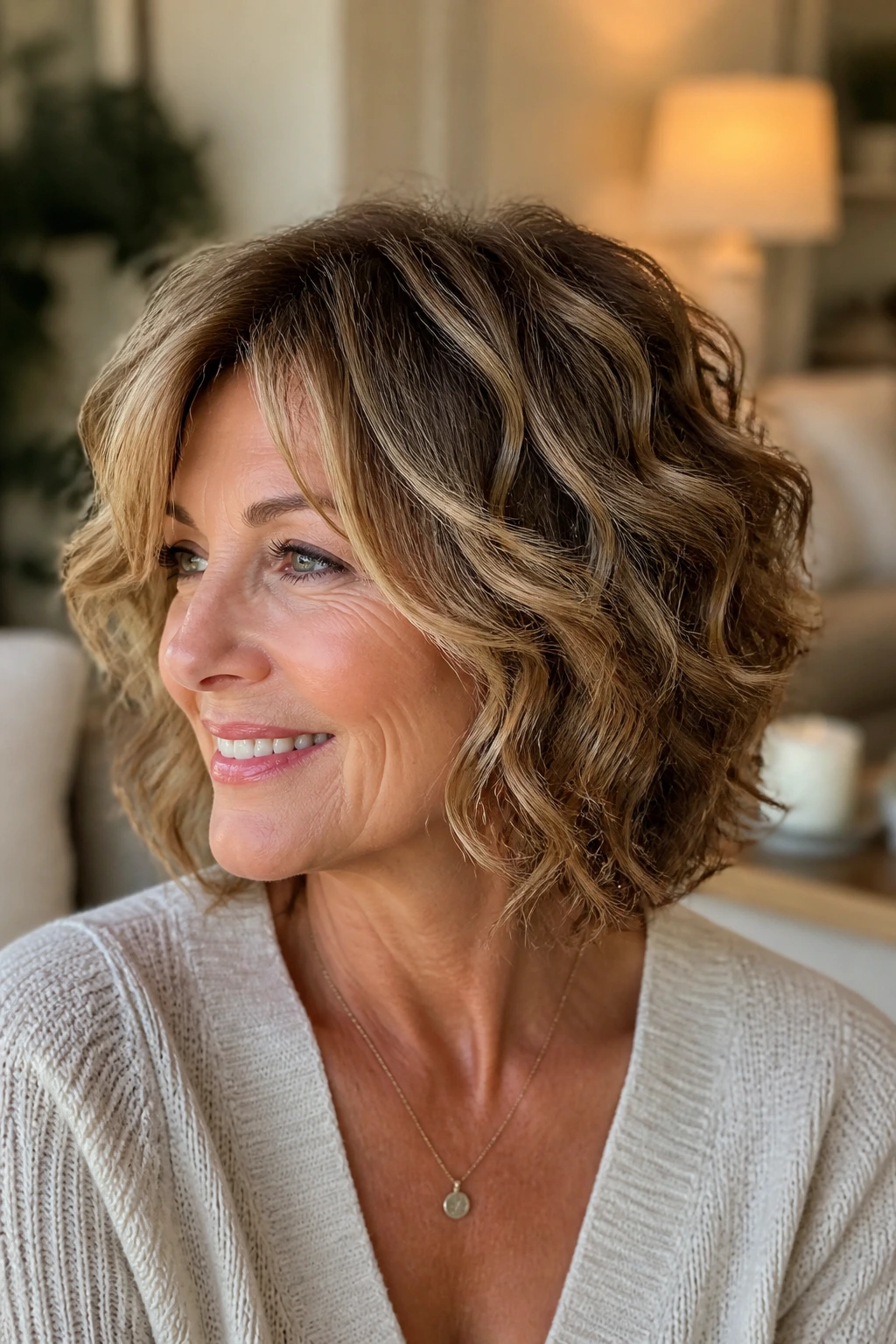 Close-up of a real woman wearing an airy curled shag with face-framing pieces