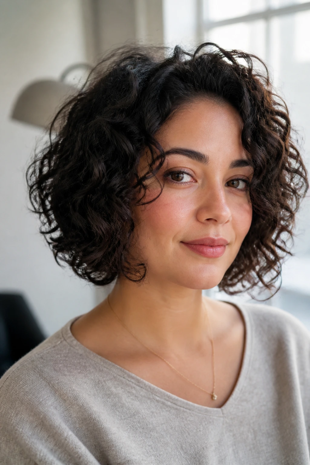 Close-up of a real woman with an airy curly bob and defined curls