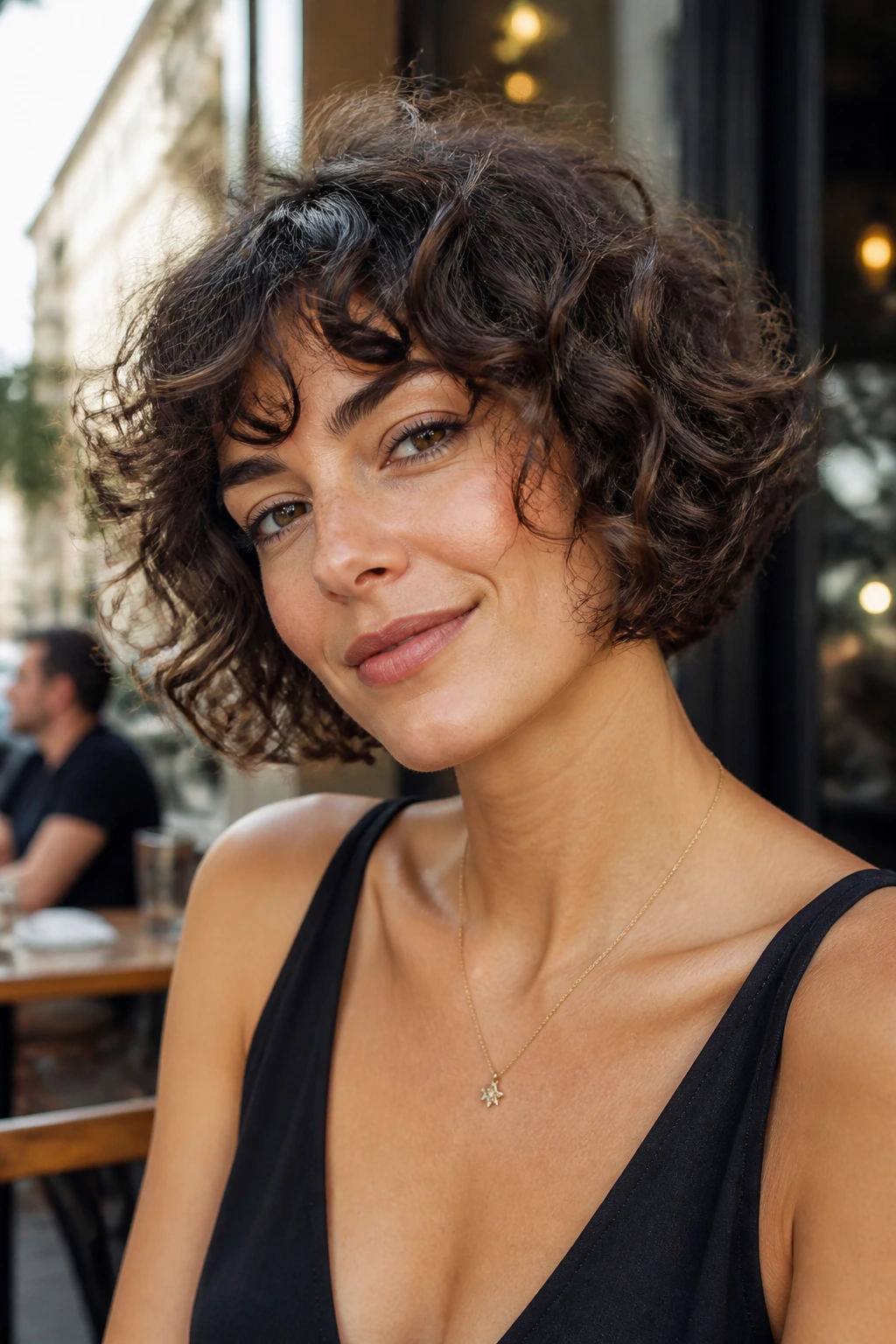 Portrait of a real woman with an airy curly shag bob at chin length