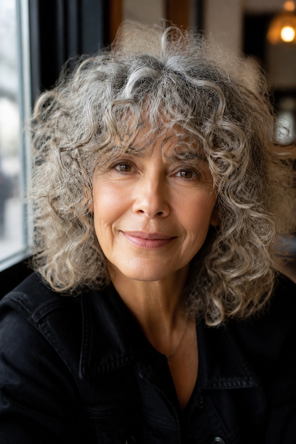 Close-up portrait of a real woman with airy curly shag and full fringe