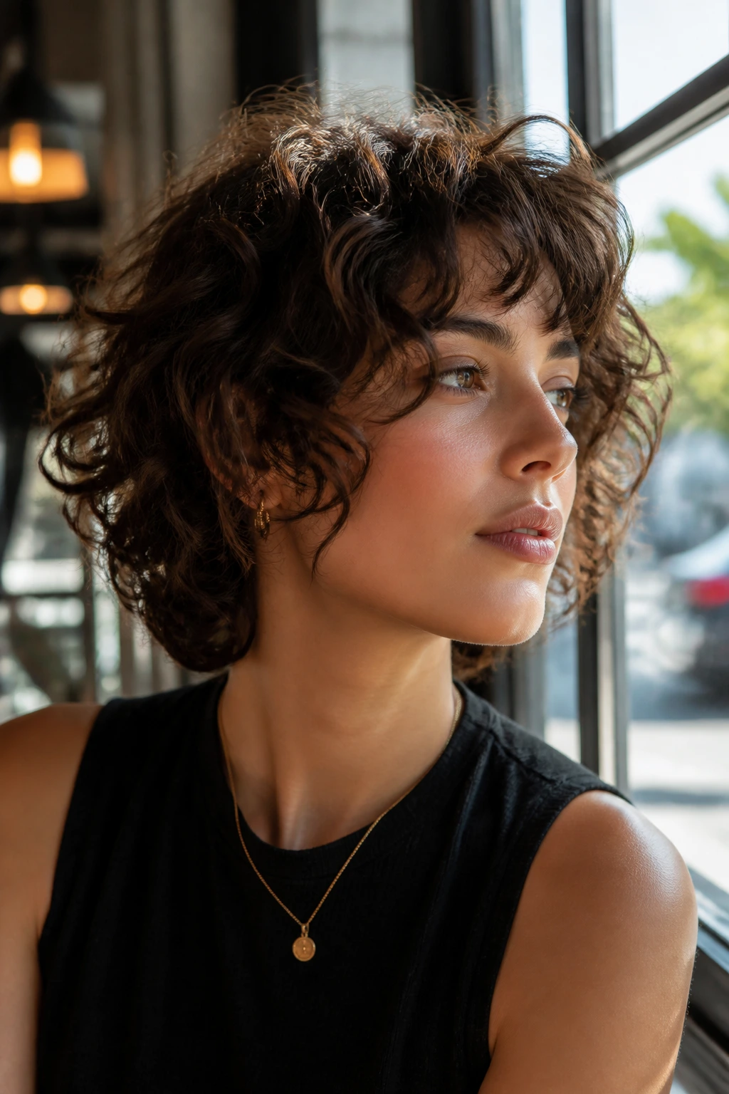 Medium close-up of a woman with an airy curly shag in a sunlit cafe setting
