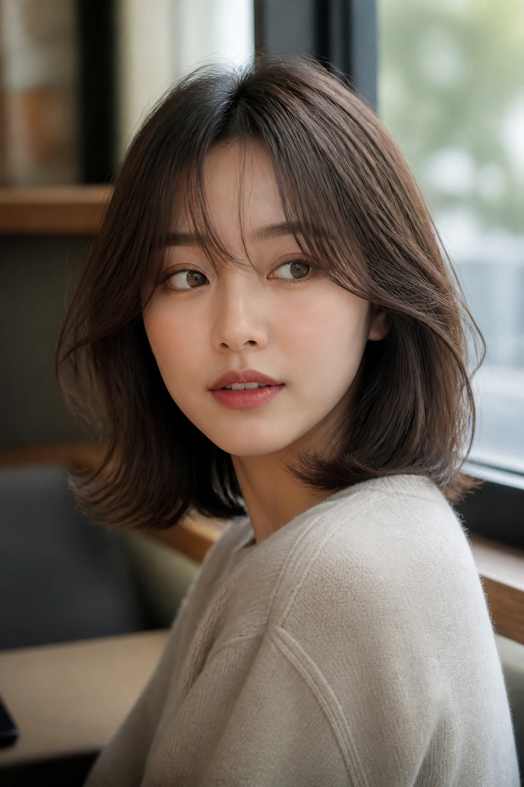 Close-up of a real woman with airy K-drama curtain bob and long center-parted fringe