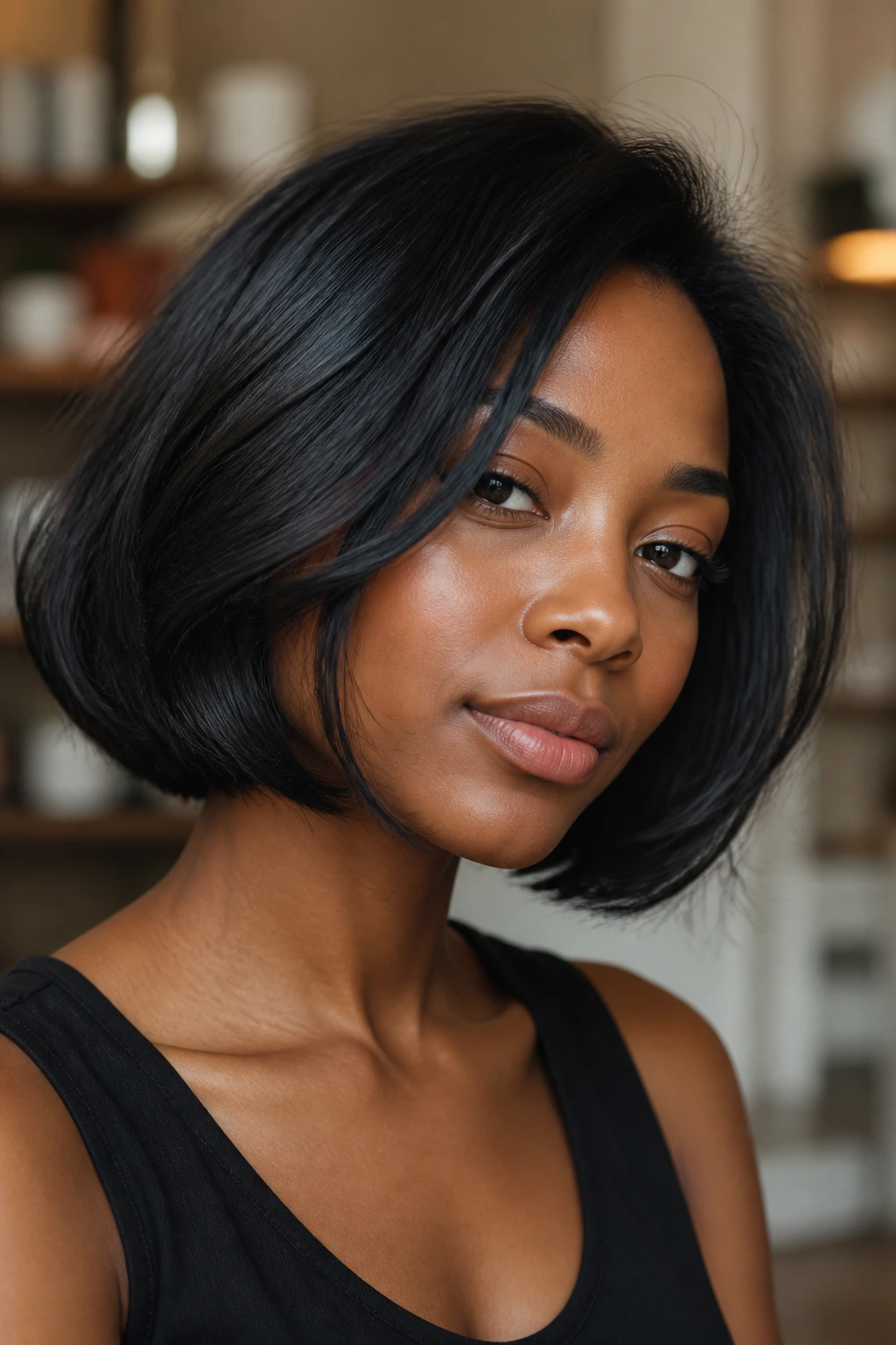 Close-up of a real woman with an airy curved bob showing natural movement