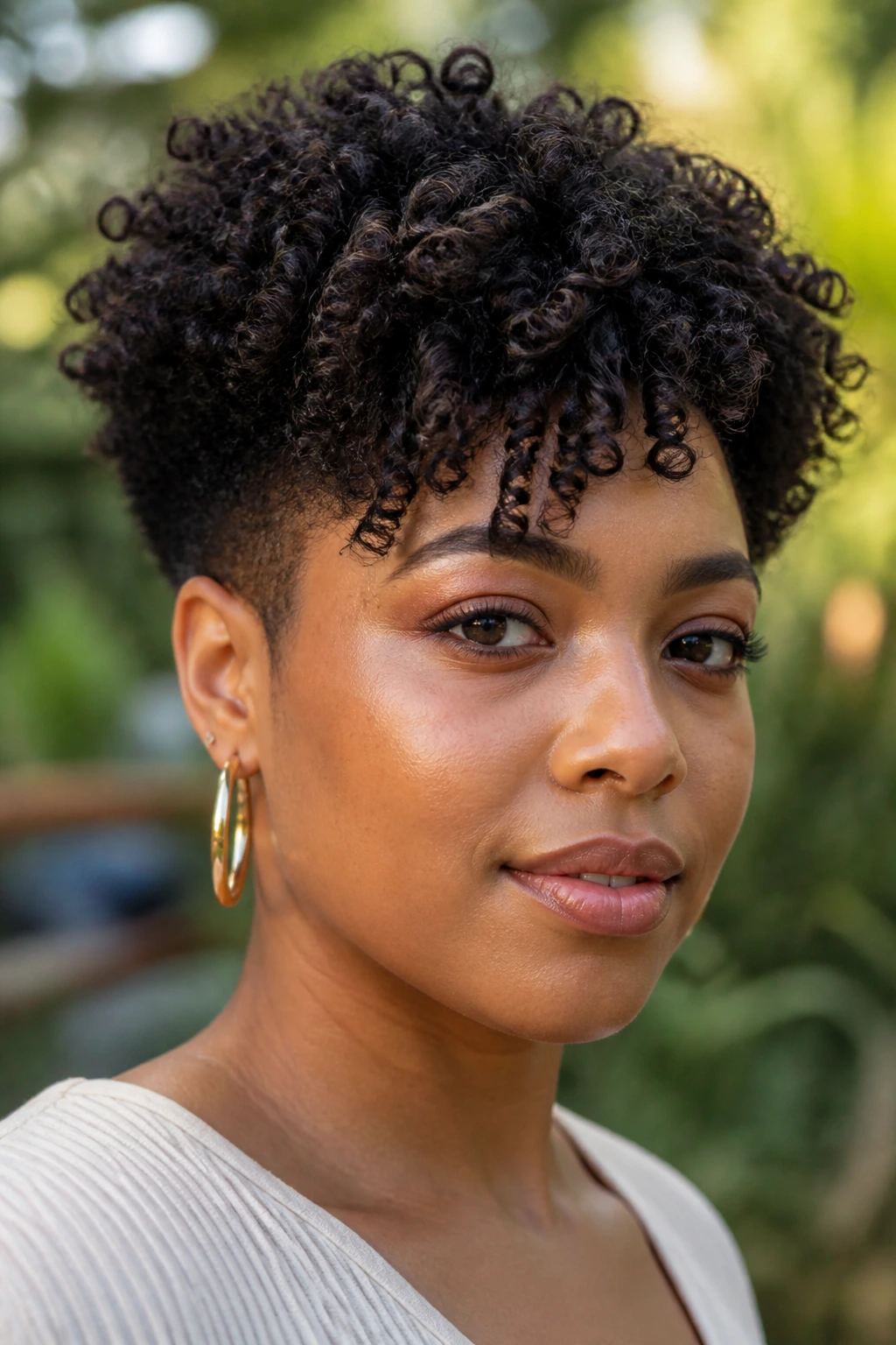 Portrait of a real woman with airy defined-curly two-block haircut