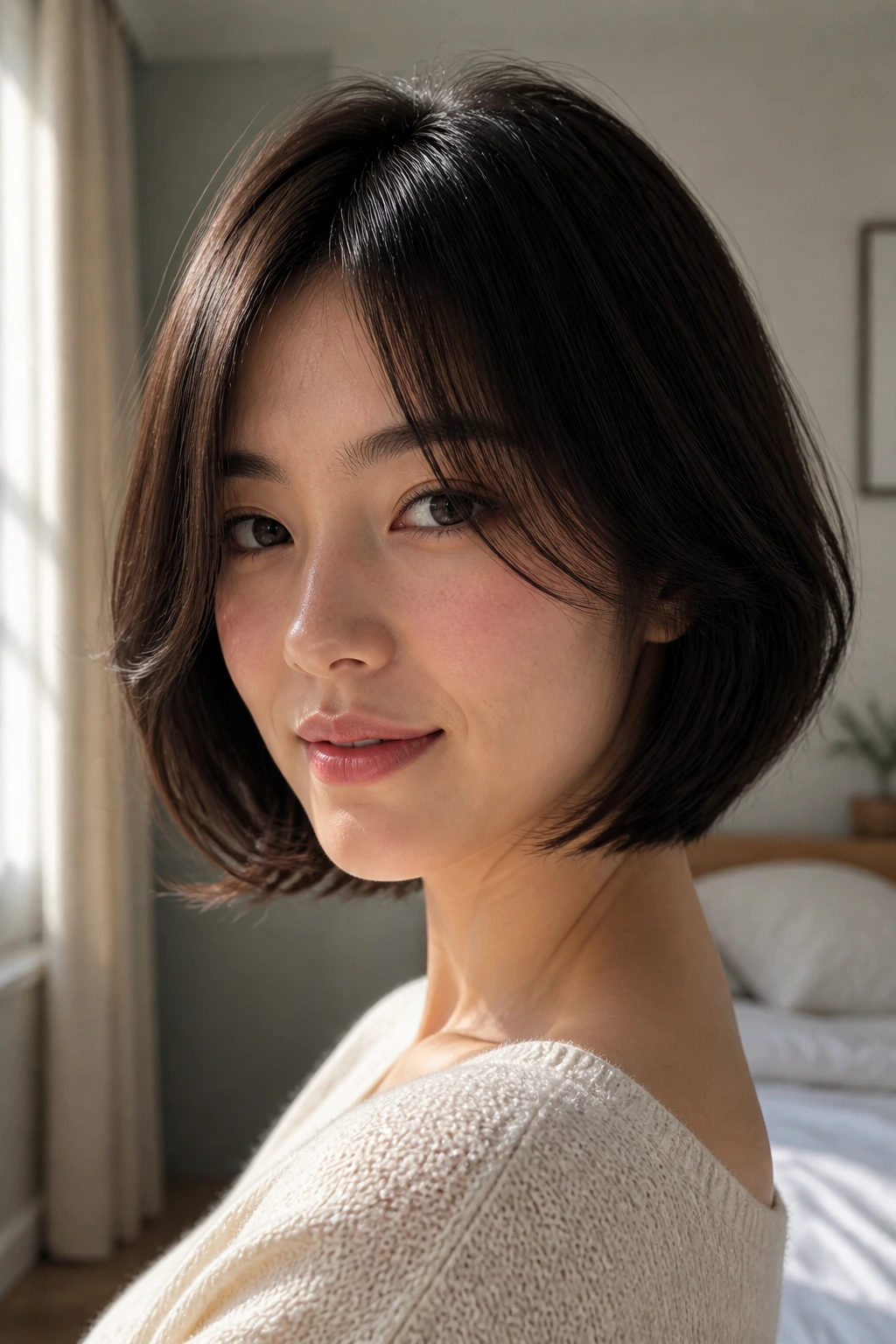Close-up portrait of a real woman with an airy feathered bob on straight hair
