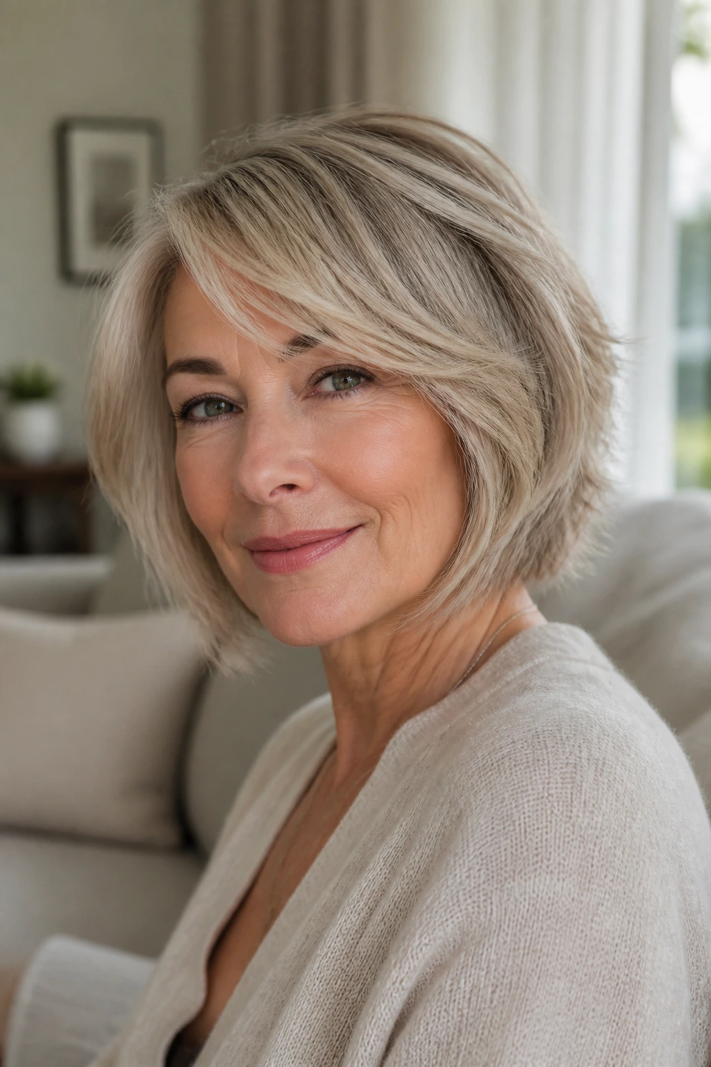 Close-up of a real woman with feathered layers around the cheeks creating an airy bob