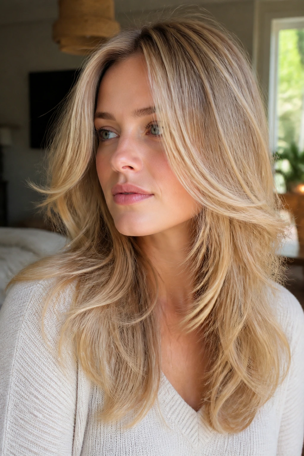 Portrait of a real person with airy feathered layers in warm blonde