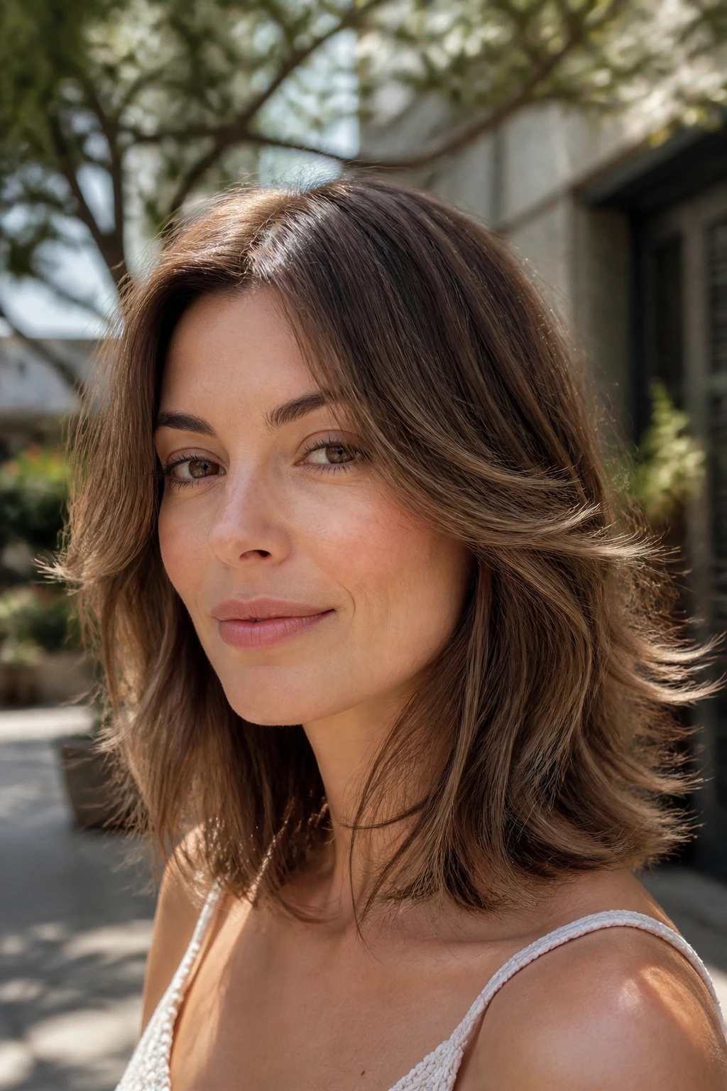 Portrait of a woman with airy feathered layers softening the jawline