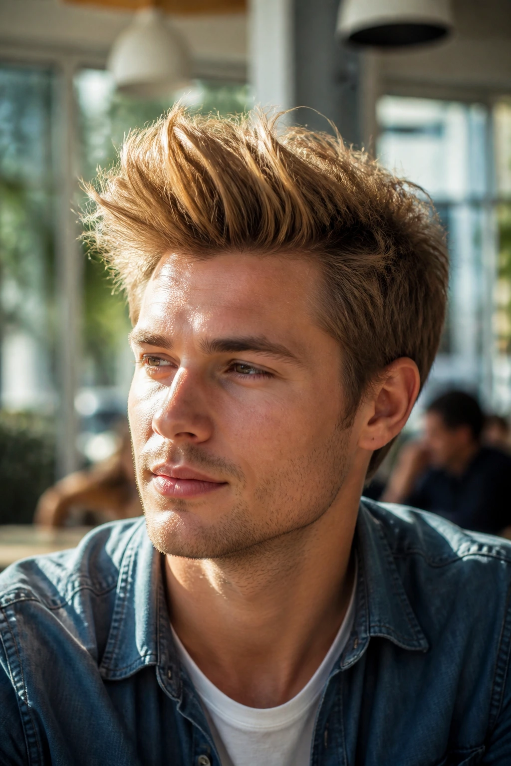 Close-up of an airy feathered quiff on a real person in bright light.