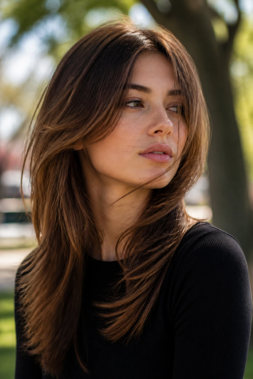 Close-up of woman with airy feathered mid-length layers in breeze