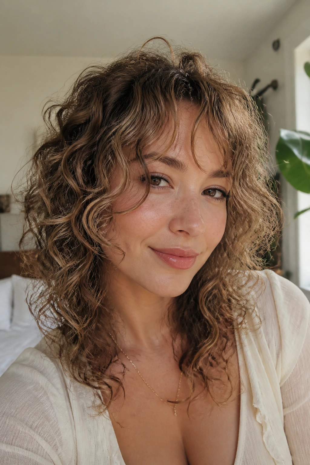 Close-up of a real woman with airy fine curls and soft face-framing bangs