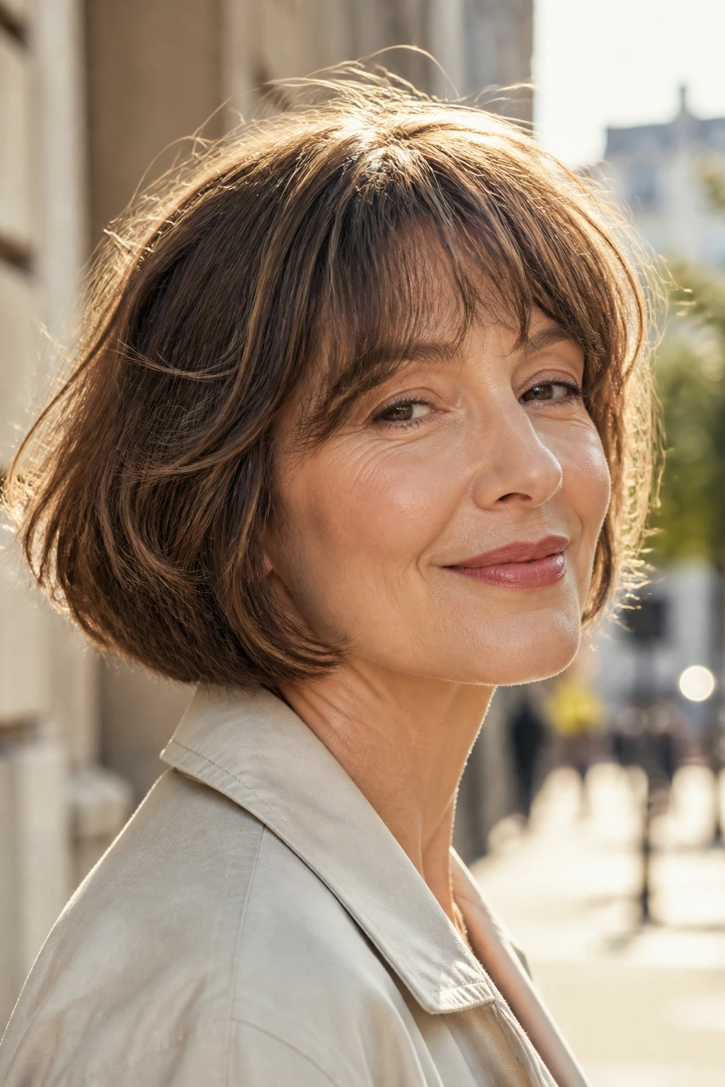 Portrait of a real woman with an airy French bob in sunny street light