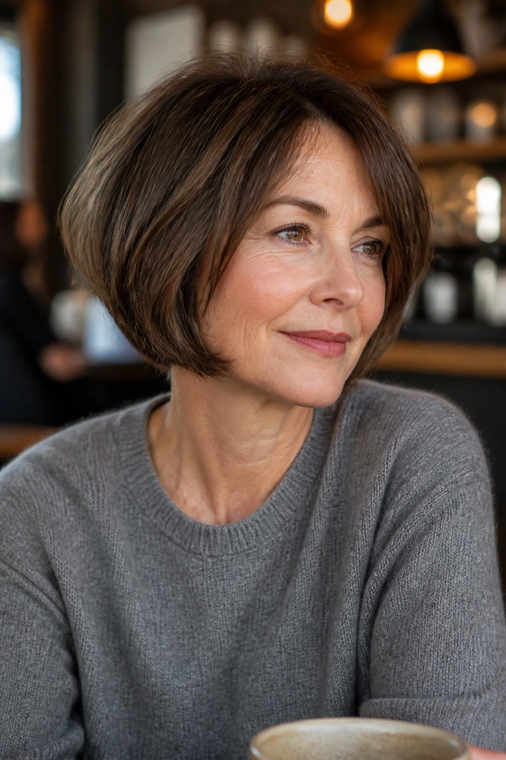 Portrait of a 50s woman with an airy French bob and subtle bend.