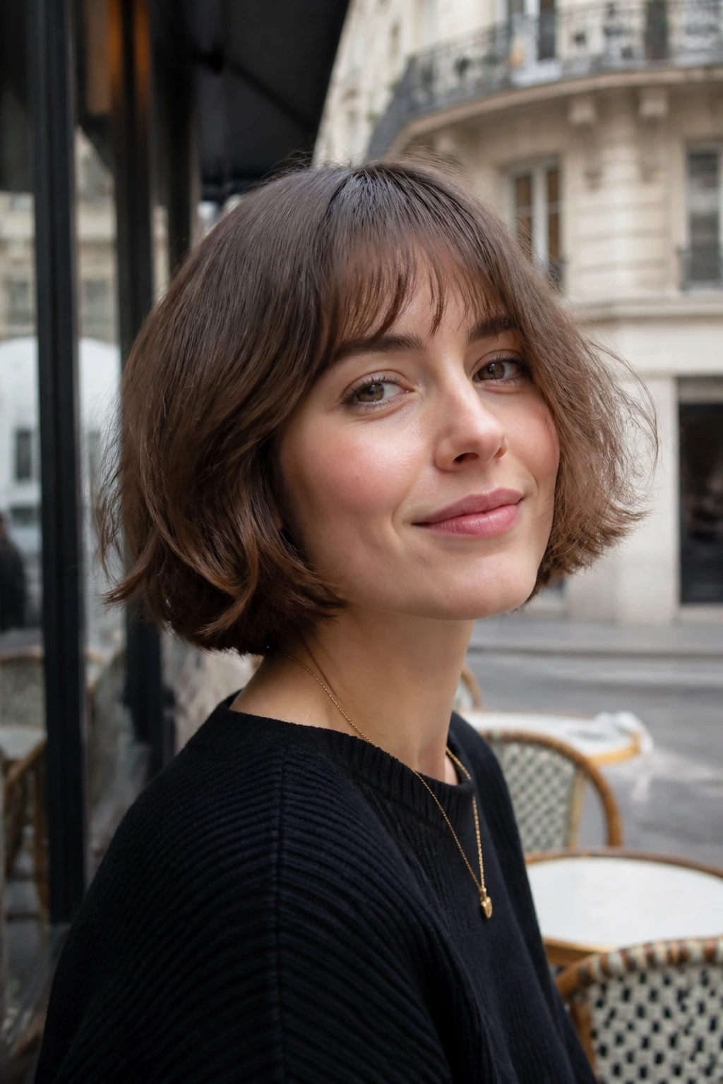 Portrait of a woman with an airy, soft-fringed French bob.