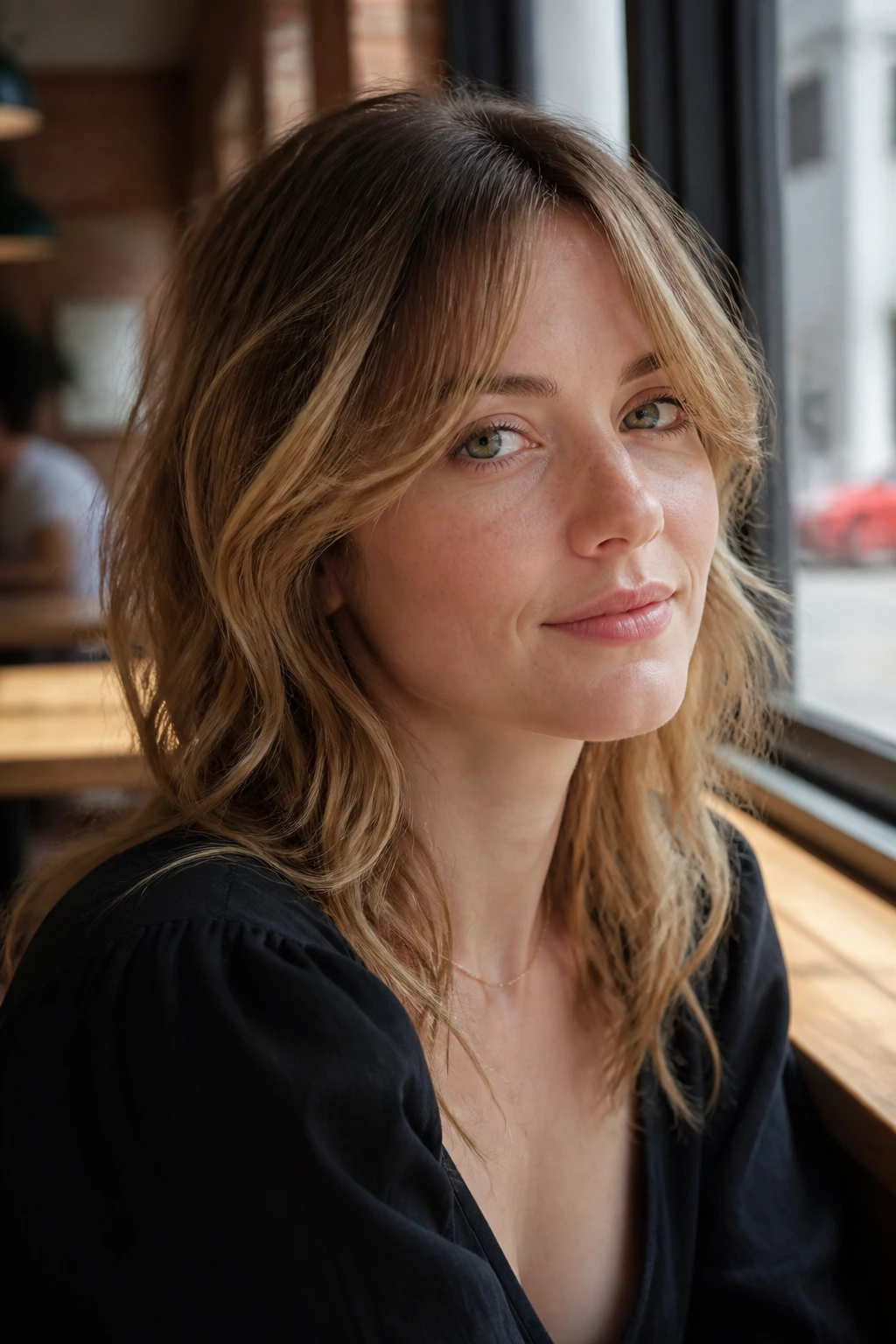Close-up of a real woman with airy split fringe on fine waves in a sunlit cafe