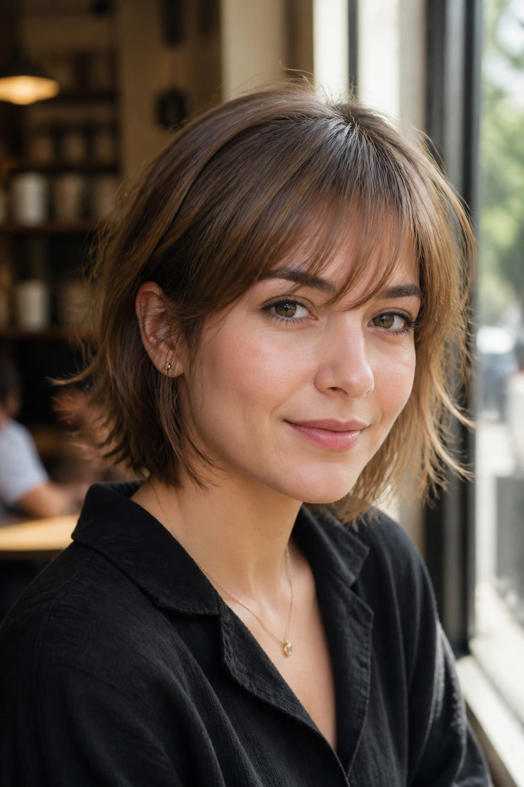 Close-up of a real woman with a wispy razor-cut fringe in a sunny cafe setting