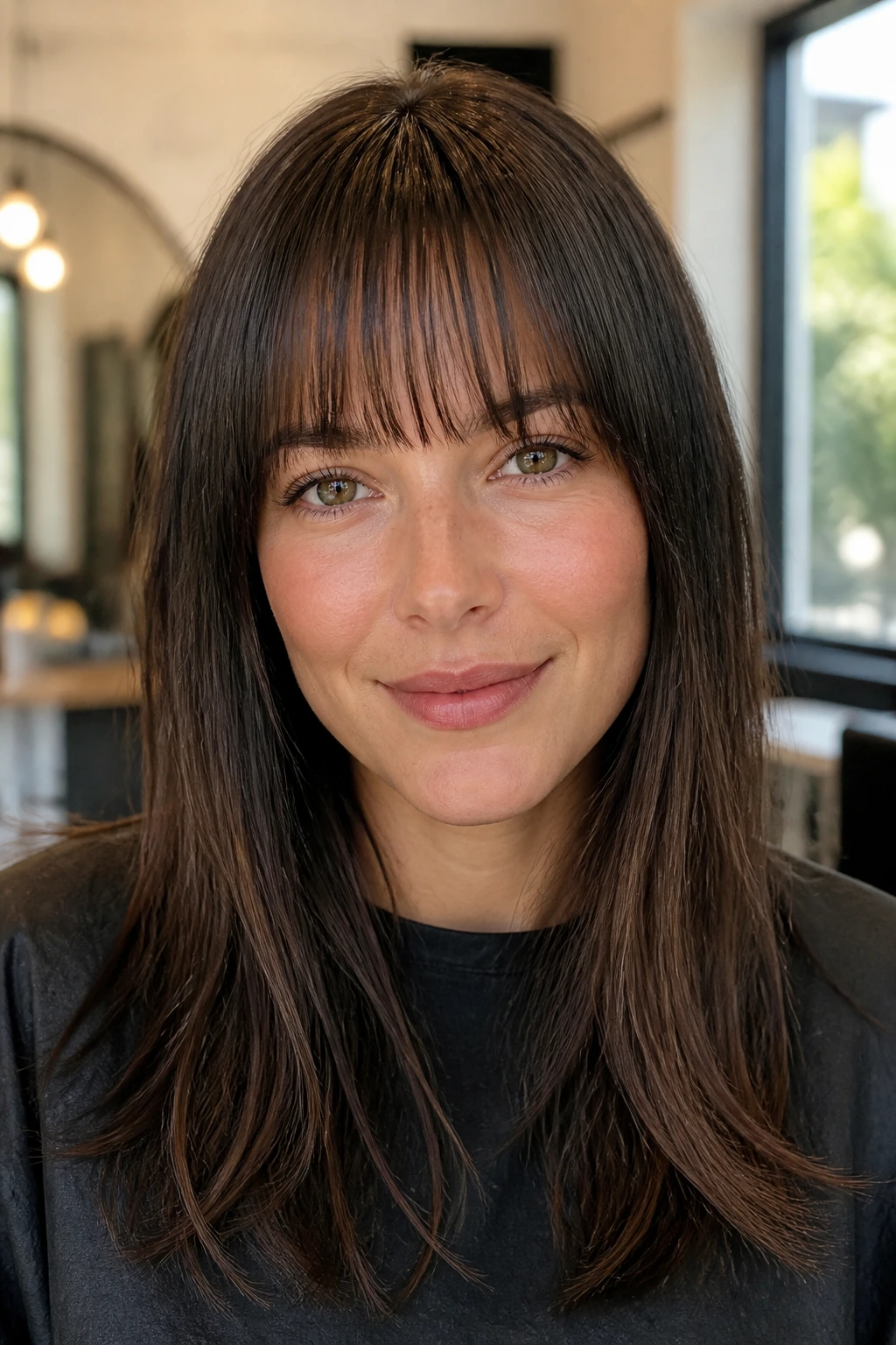 Close-up of a real woman with an airy straight fringe showing hidden weight removal