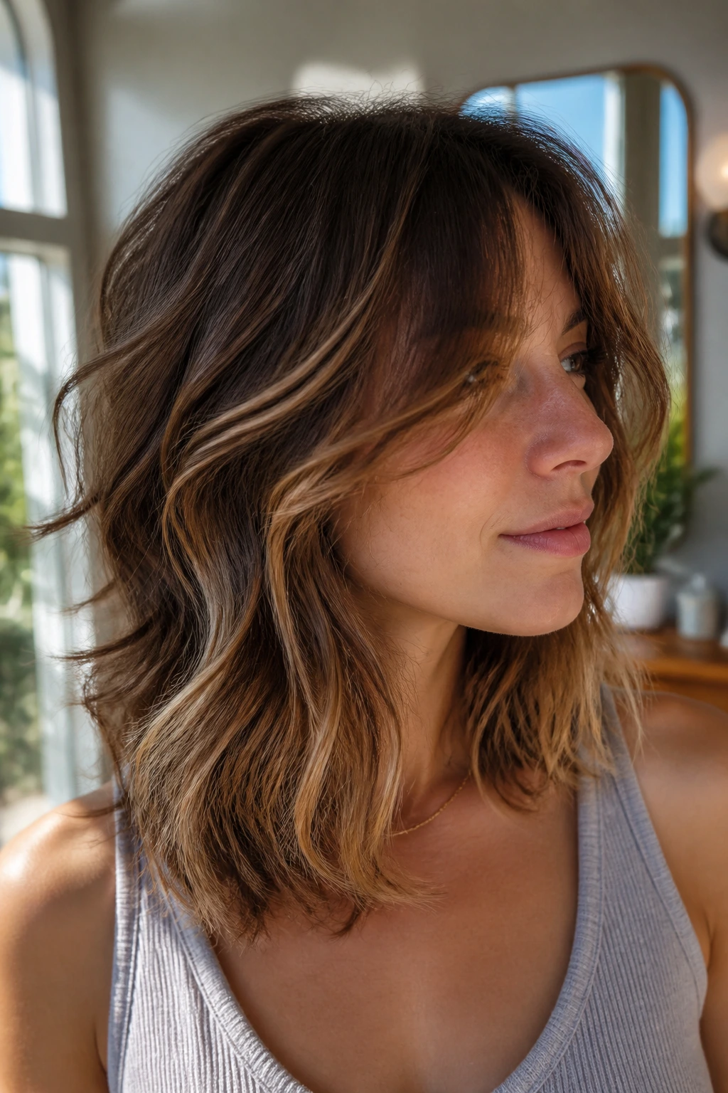 Real person with airy invisible-layer shag and caramel underlayers