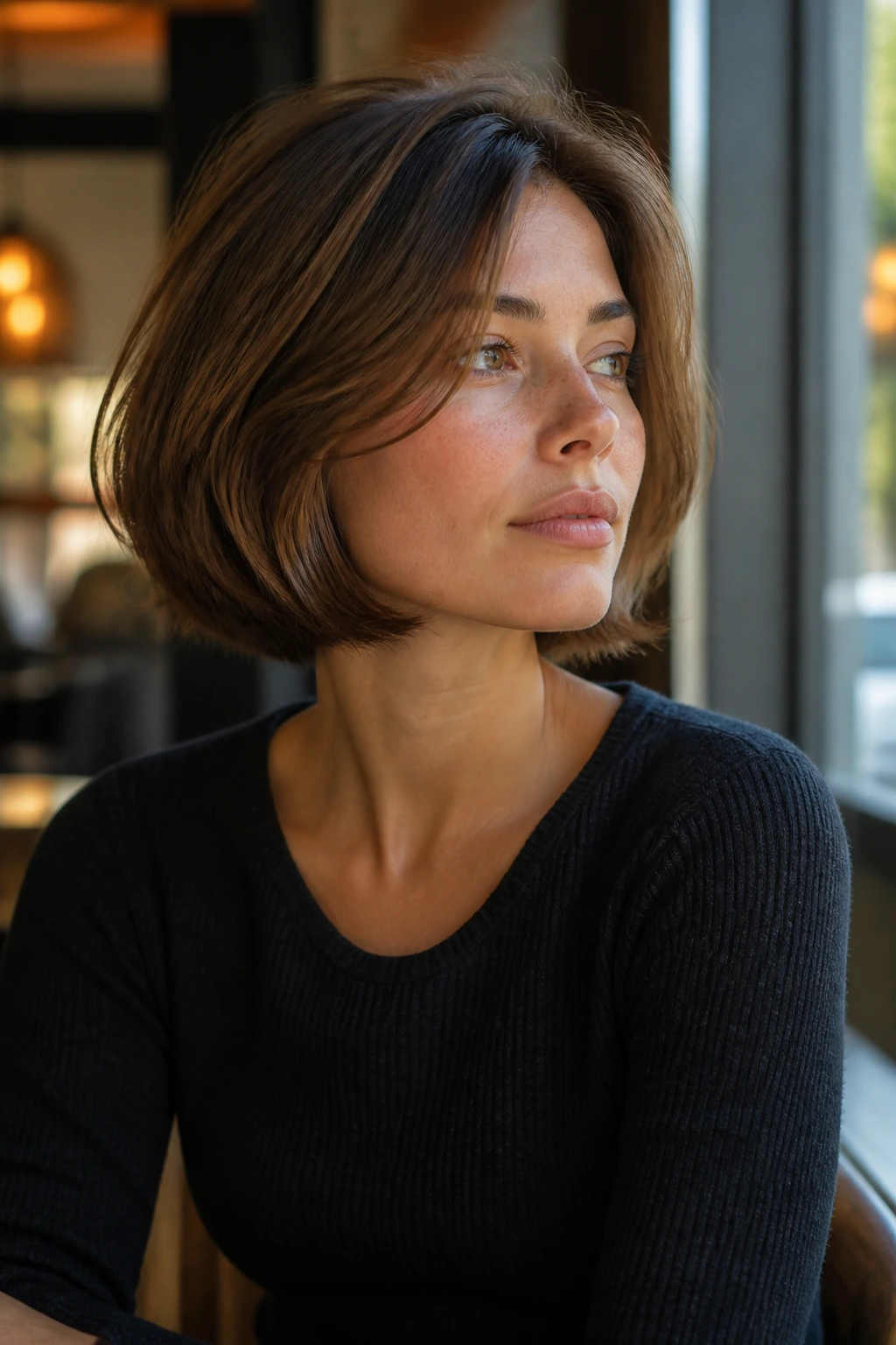 Portrait of a woman with an airy Italian bob in cafe window light