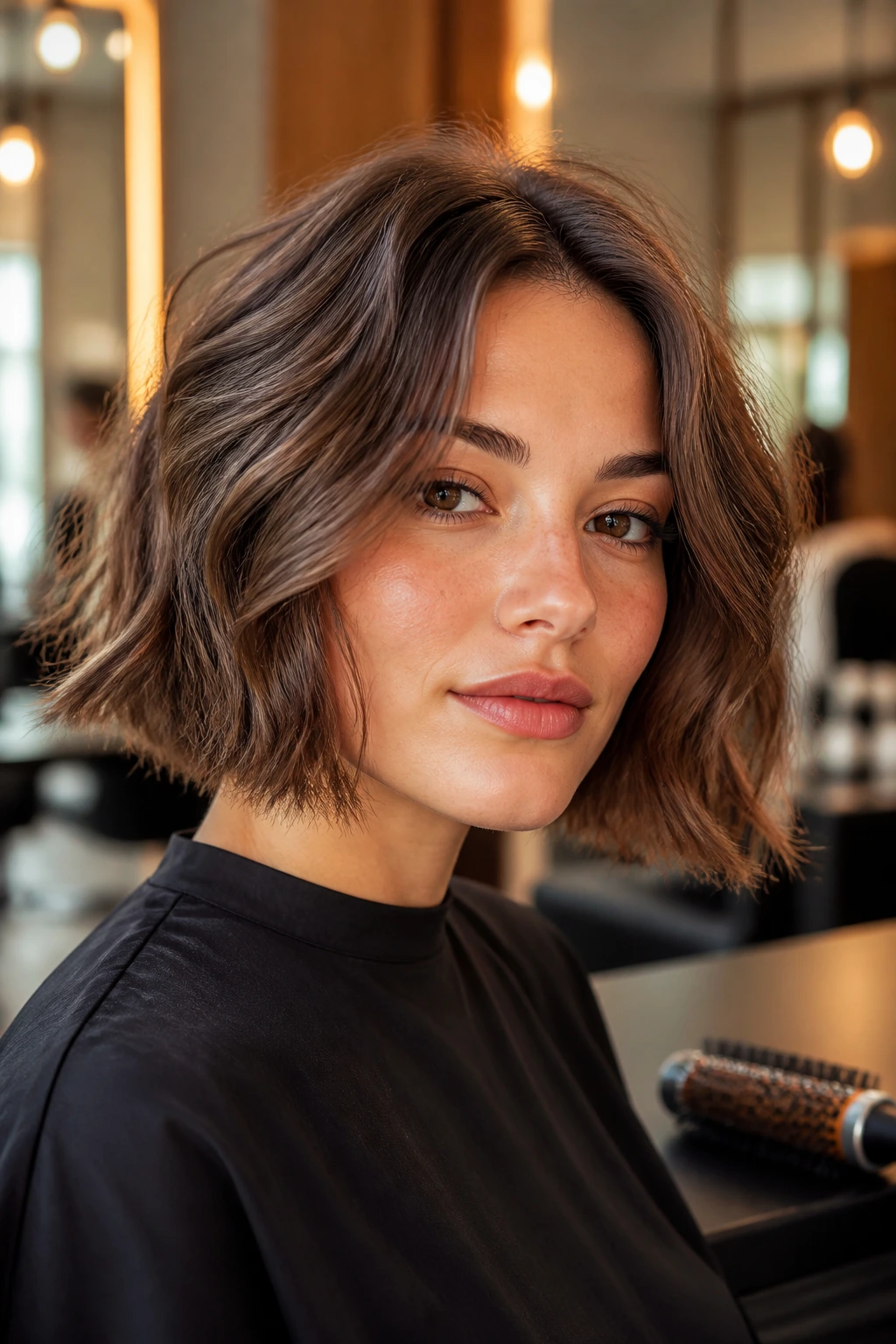 Close-up of a real woman with The Airy Italian Bob featuring crown lift and soft bend.
