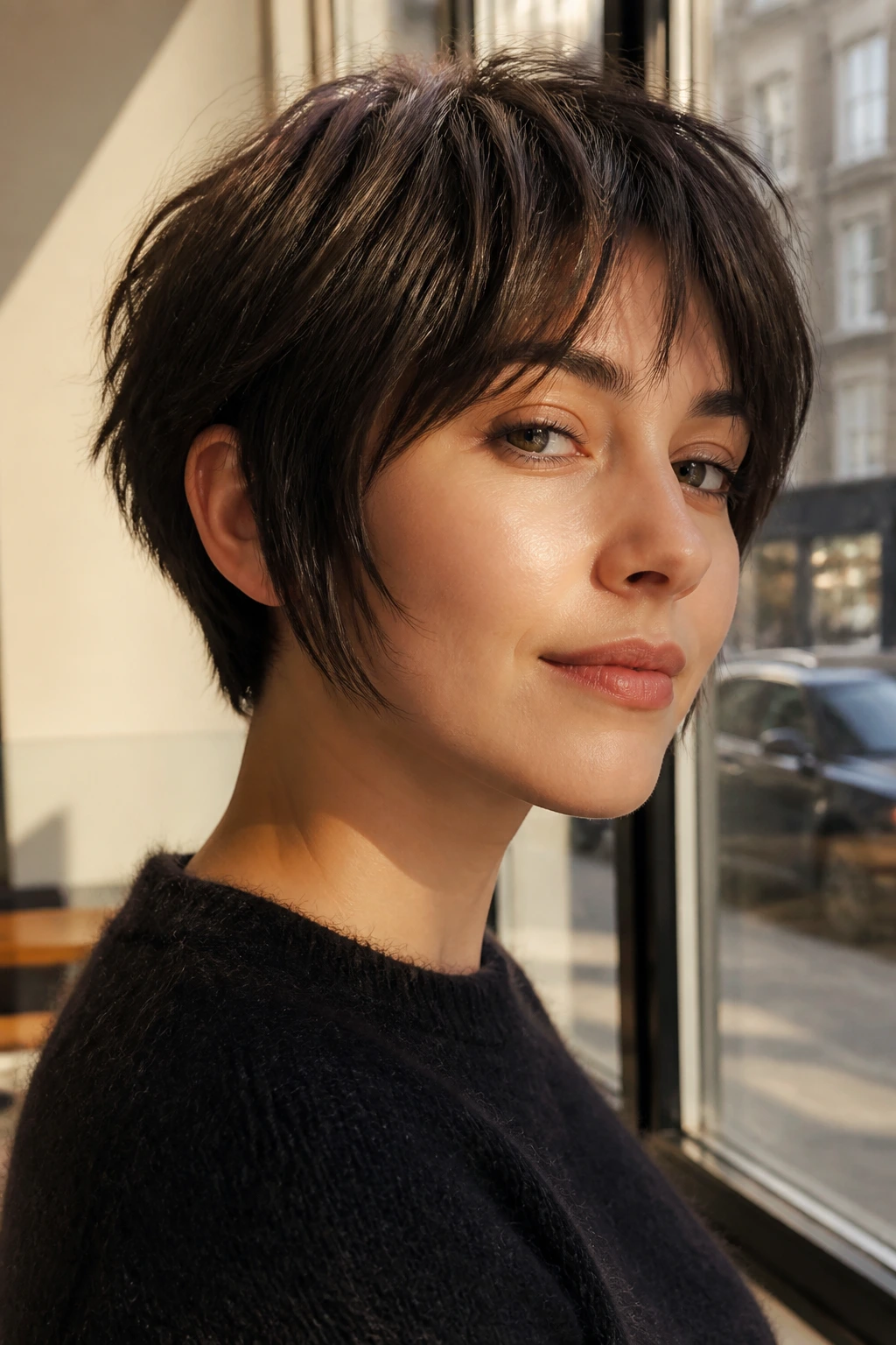 Close-up of airy jaw crop with long sideburns hairstyle on a real person in a cafe setting