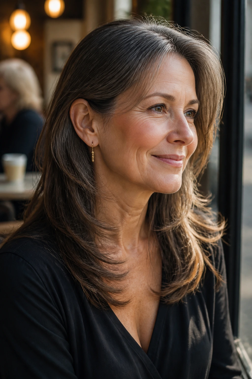 Three-quarter portrait of a real woman with airy jawline layers and one ear tucked behind hair