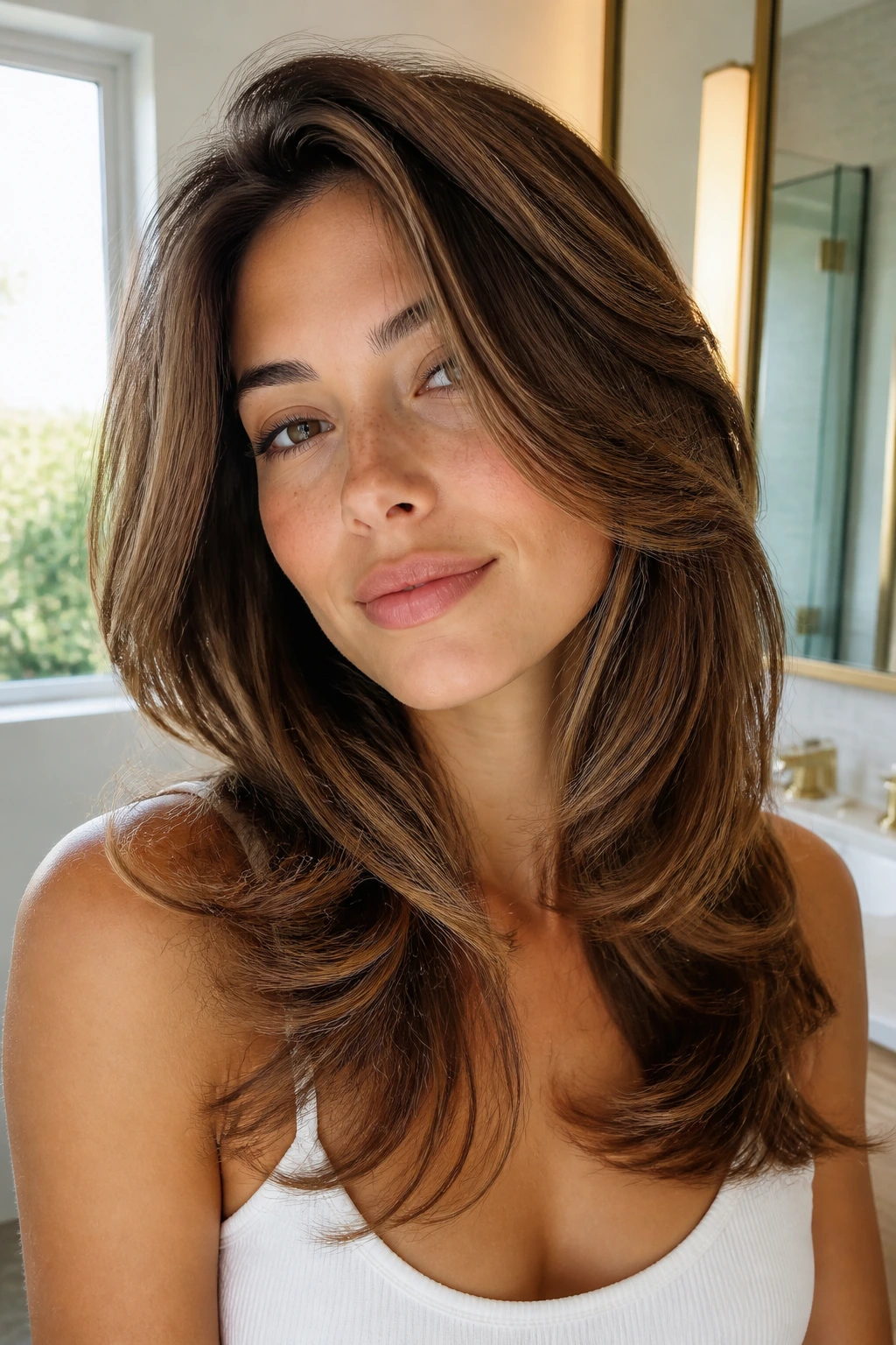 Close-up portrait of a real woman with airy layered blow-dry featuring lifted roots and curved face-framing layers