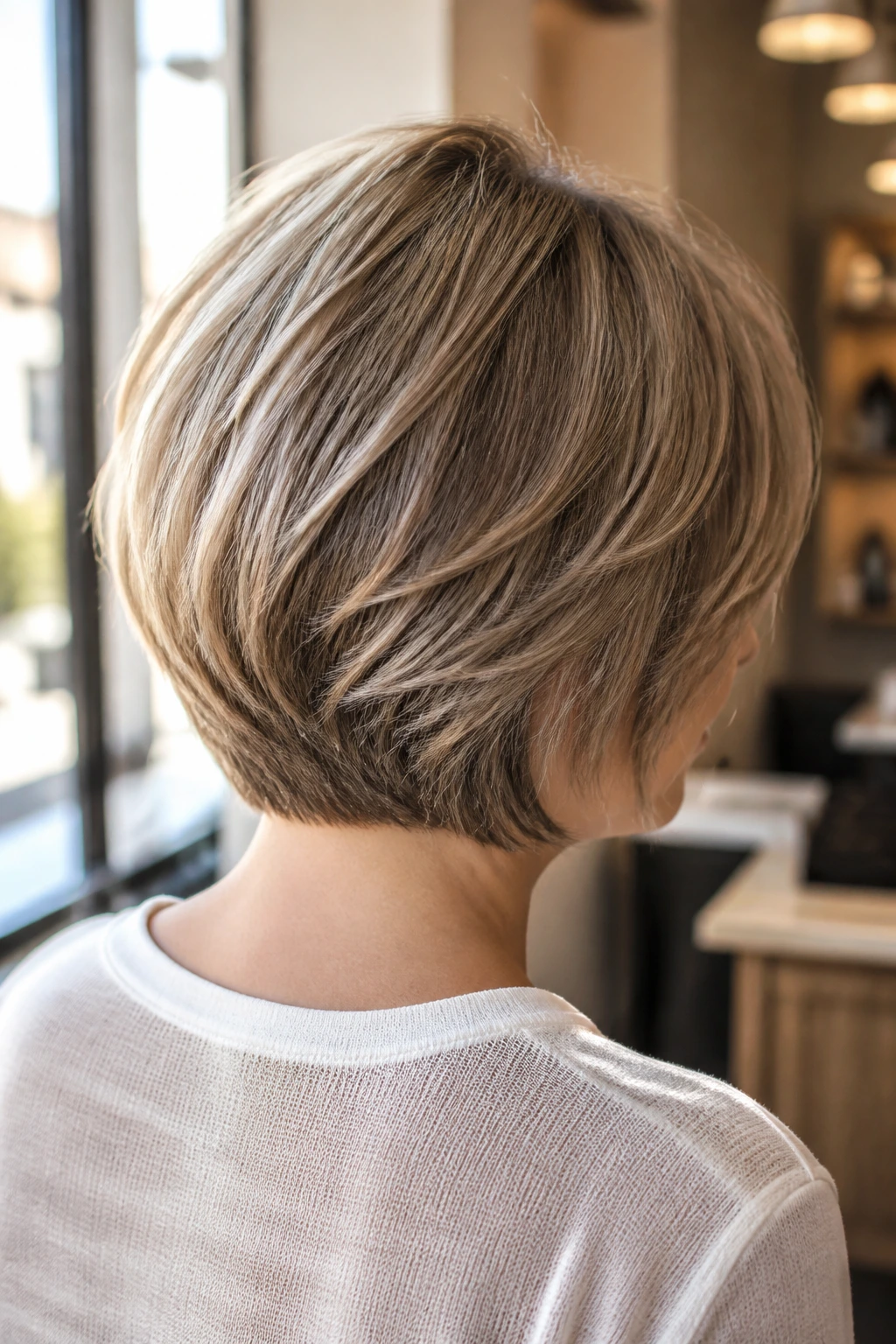 Back view of a real woman with an airy layered bob and feather-light ends