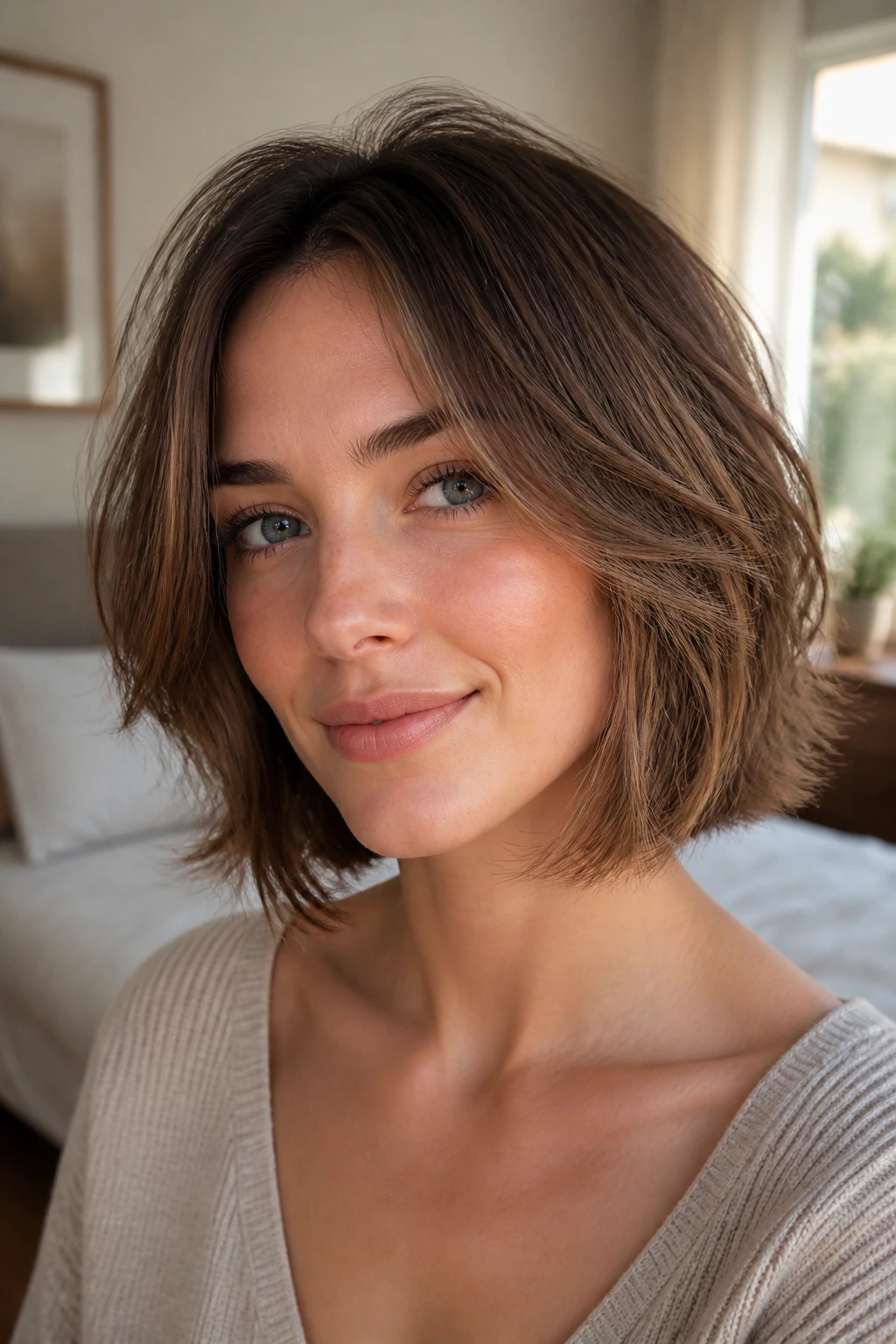 Close-up portrait of a real woman with an airy layered bob and feathered ends, soft waves framing the cheeks