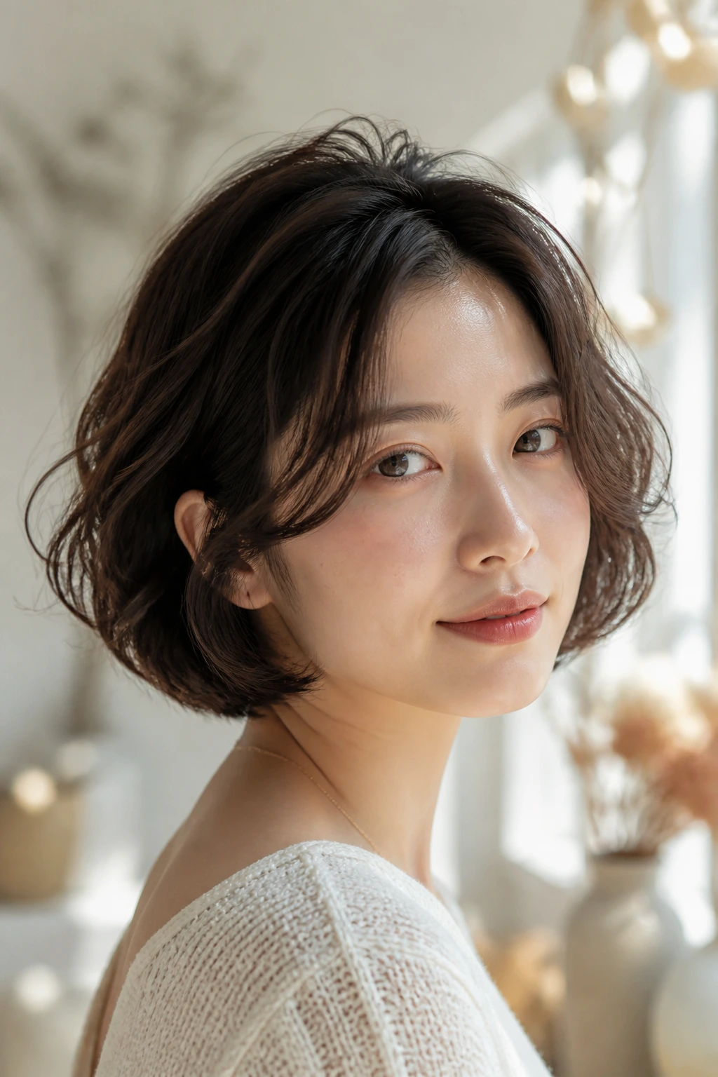 Close-up of a real woman with airy layered bob and invisible interior layers