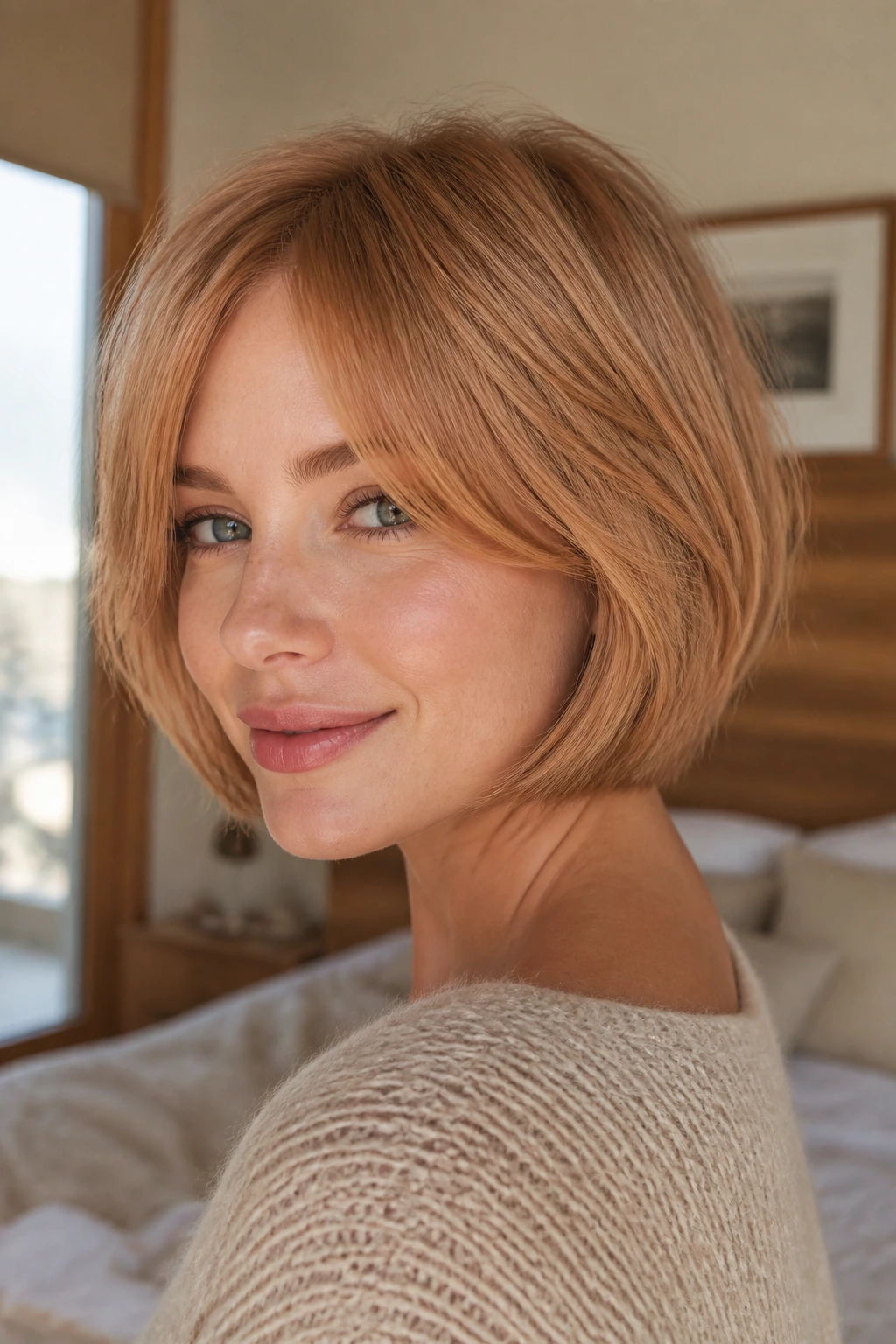 Close-up of a real person with an airy layered bob for fine straight hair in strawberry blonde.