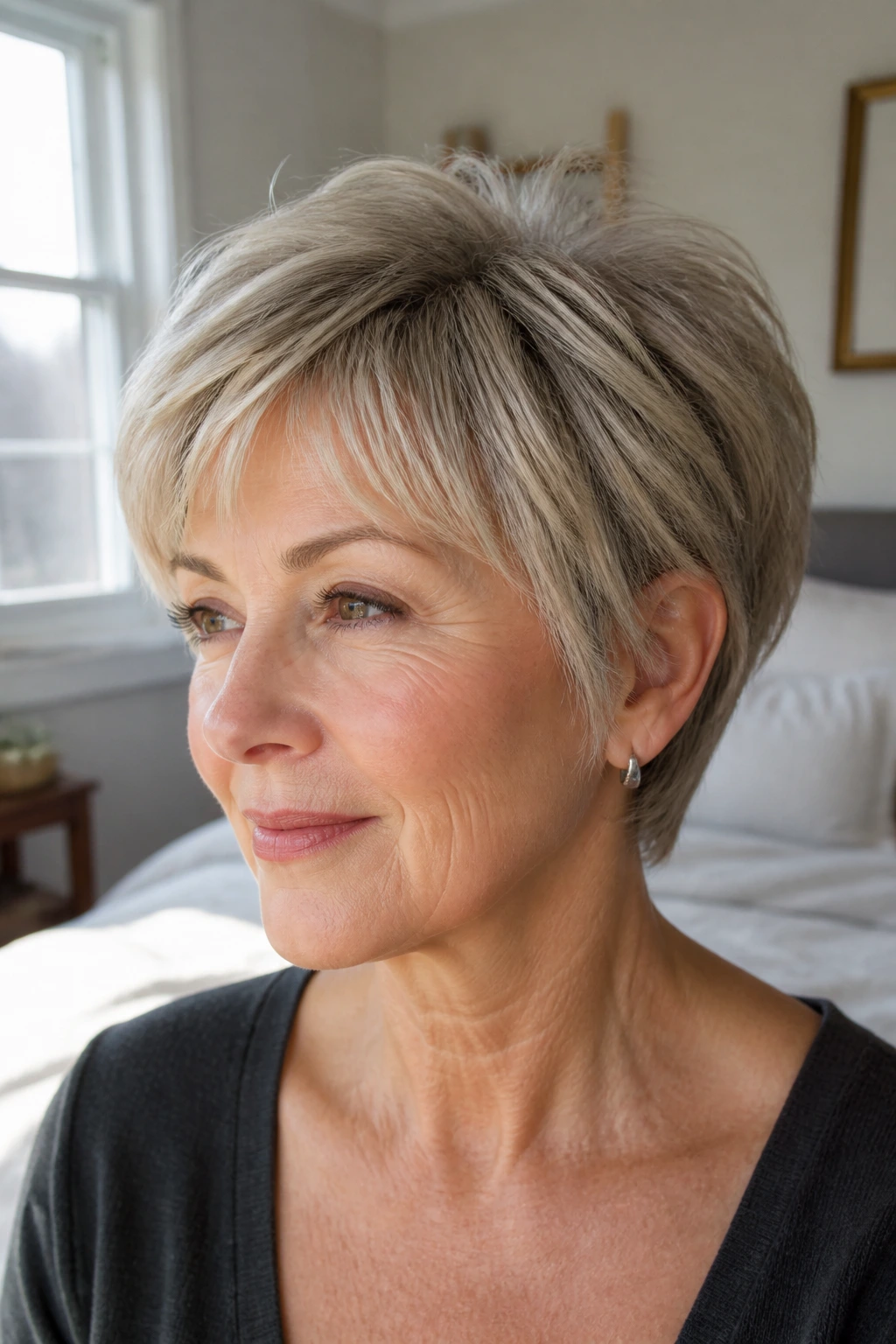 Close-up of a woman with an airy layered crop that adds fullness to fine hair