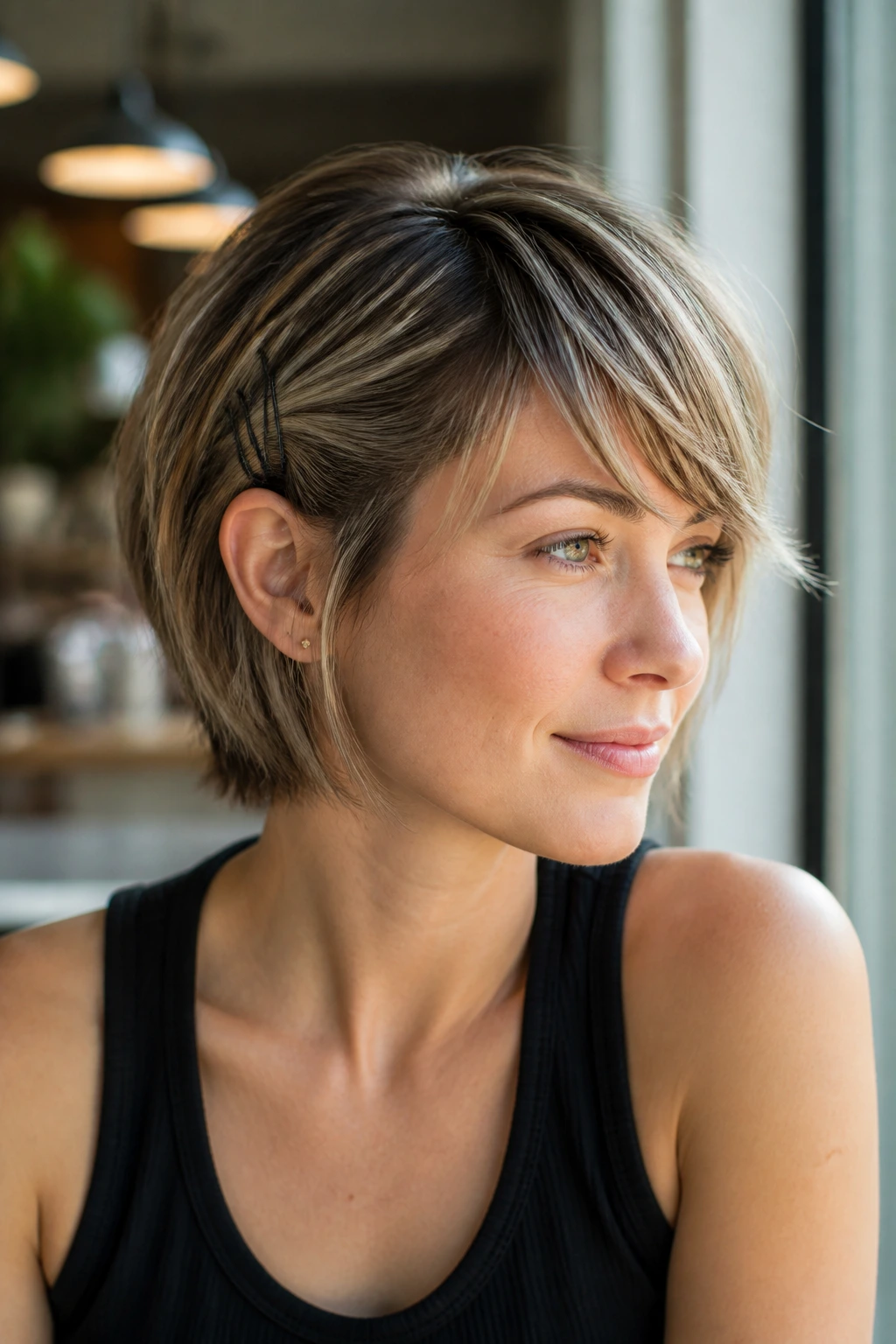 Close-up of a real woman with an airy layered bob and pin-back sides showing subtle lowlights.