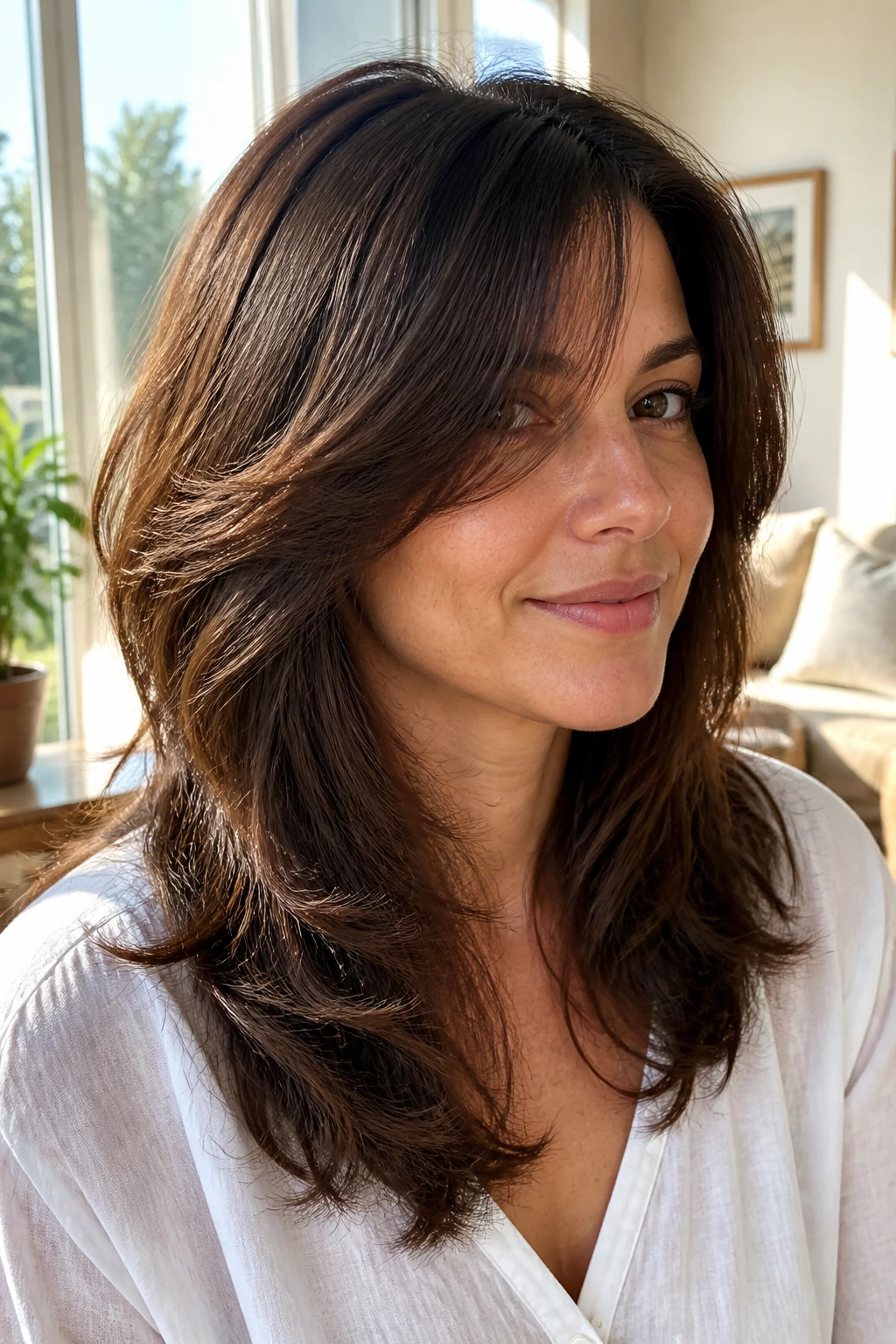 Close-up portrait of a real woman with airy layered cut and soft side bangs