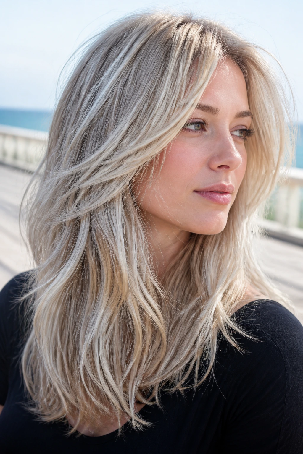 Portrait of a real woman with airy layered cut and silver lowlights