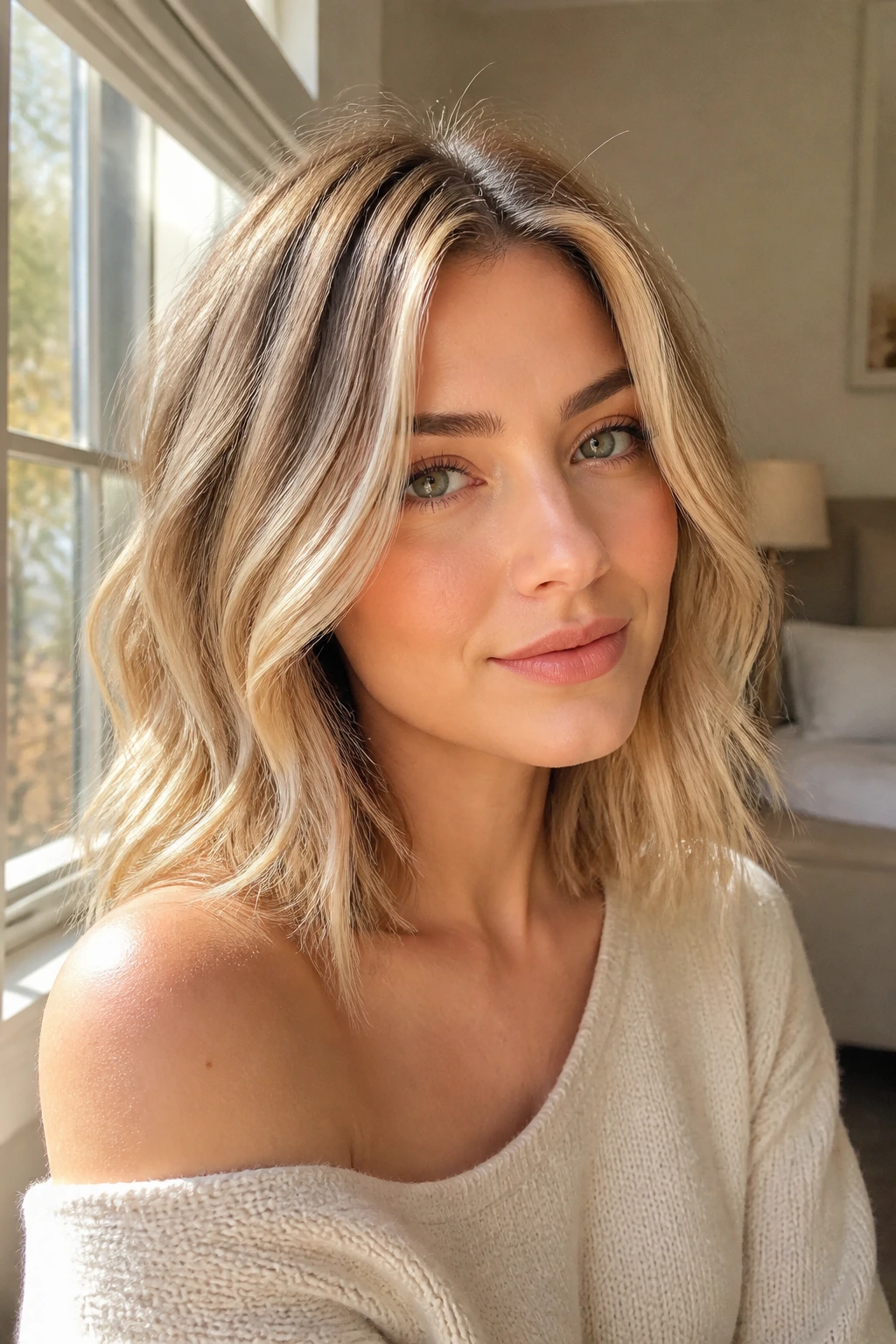 Close-up portrait of a blonde woman with airy layered lob and caramel highlights by a sunlit window