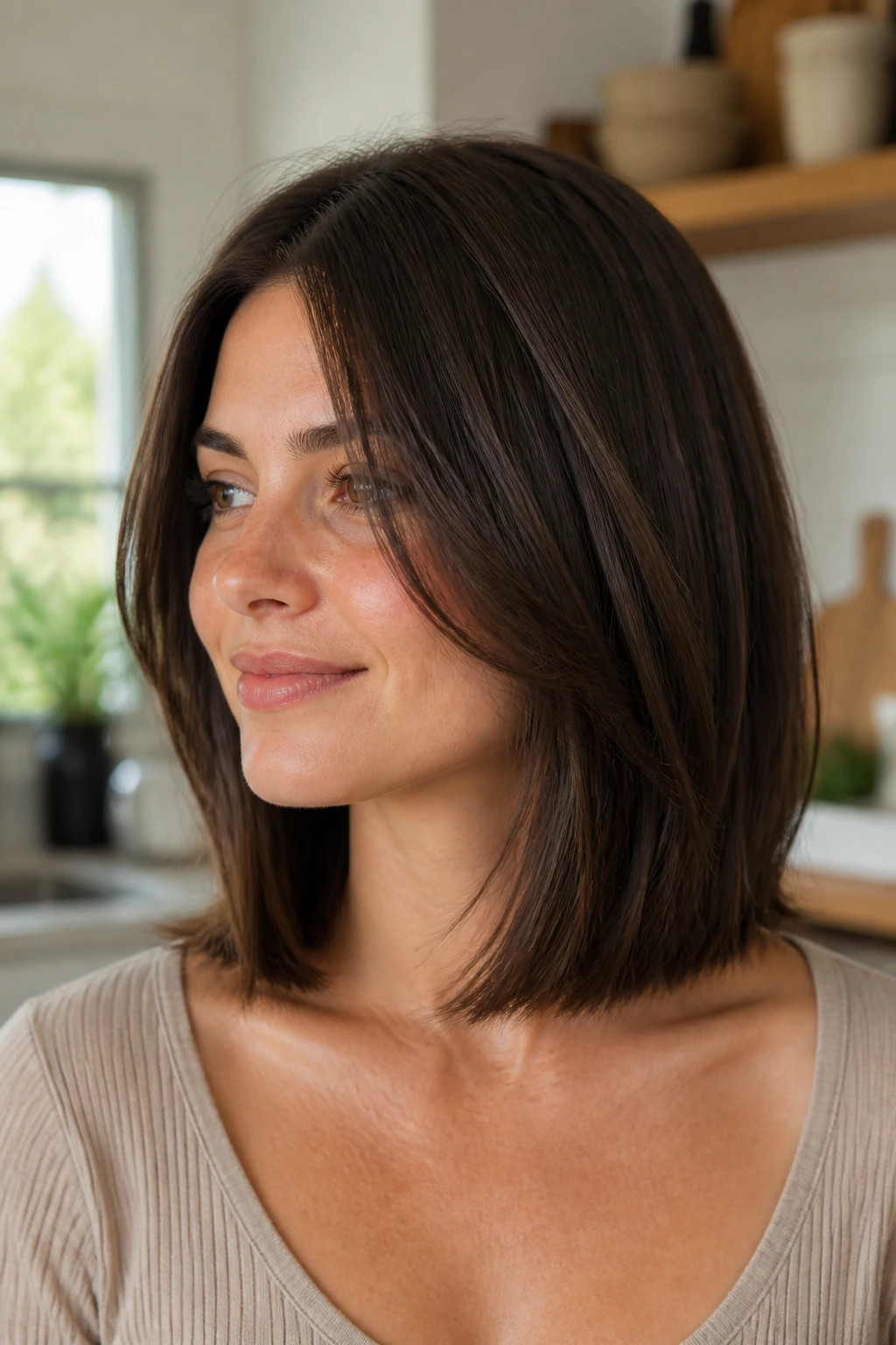 Portrait of a real woman with airy layered lob and clean bottom line