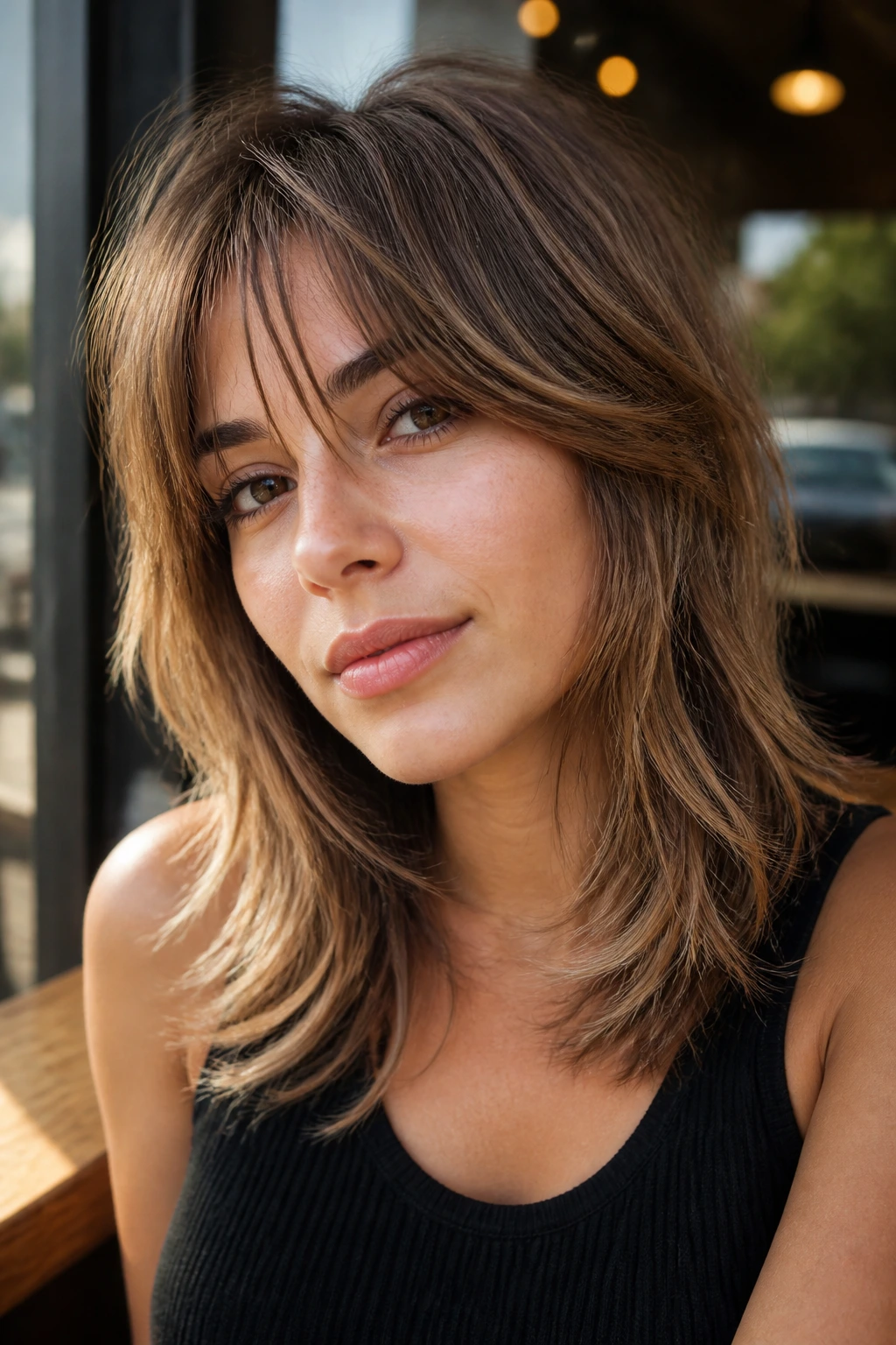 Close-up of a real woman with airy layered shag and piecey fringe in sunlit cafe lighting