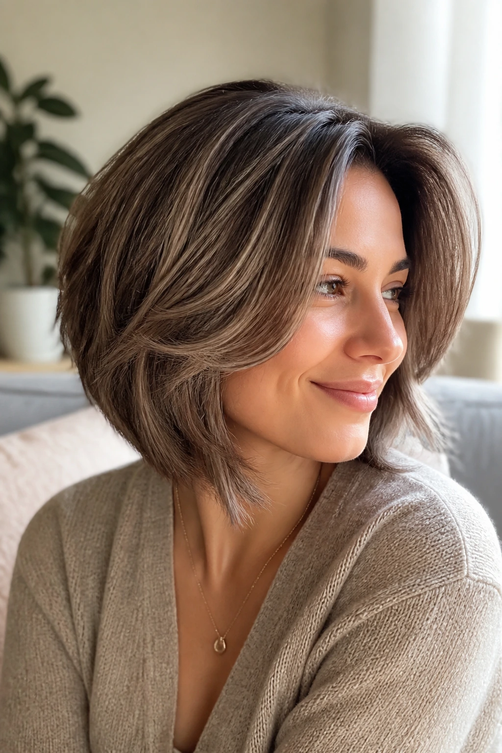 Medium close-up of a real woman with airy layered taupe lowlights in cozy indoor light
