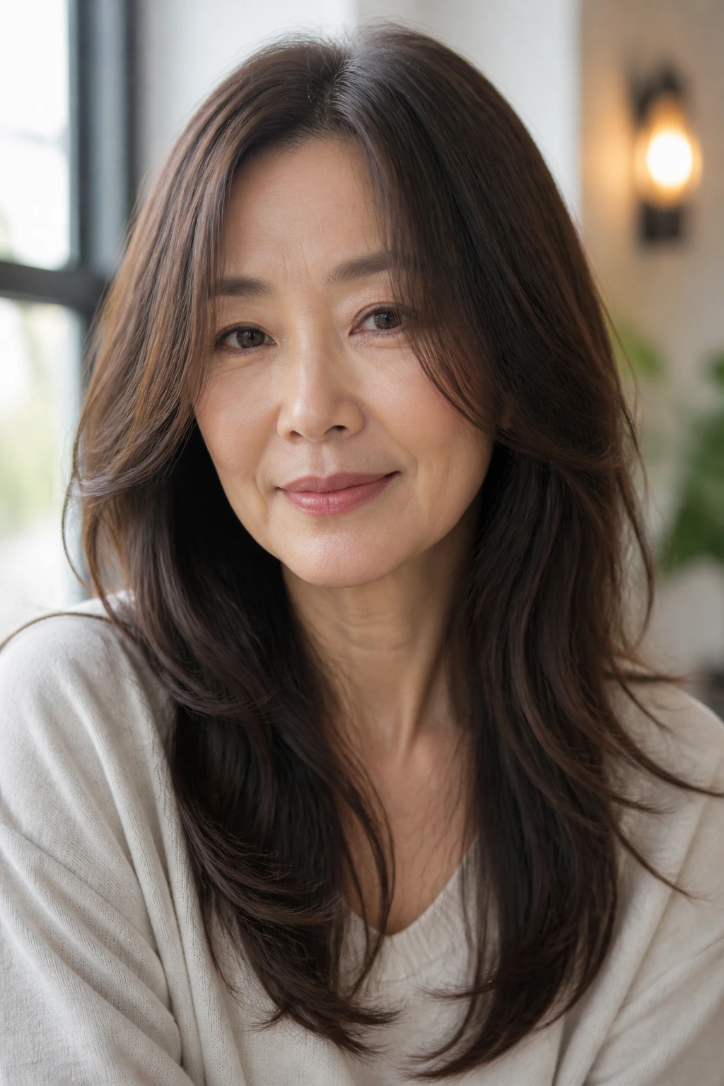 Portrait of woman with airy center-part layers framing her face