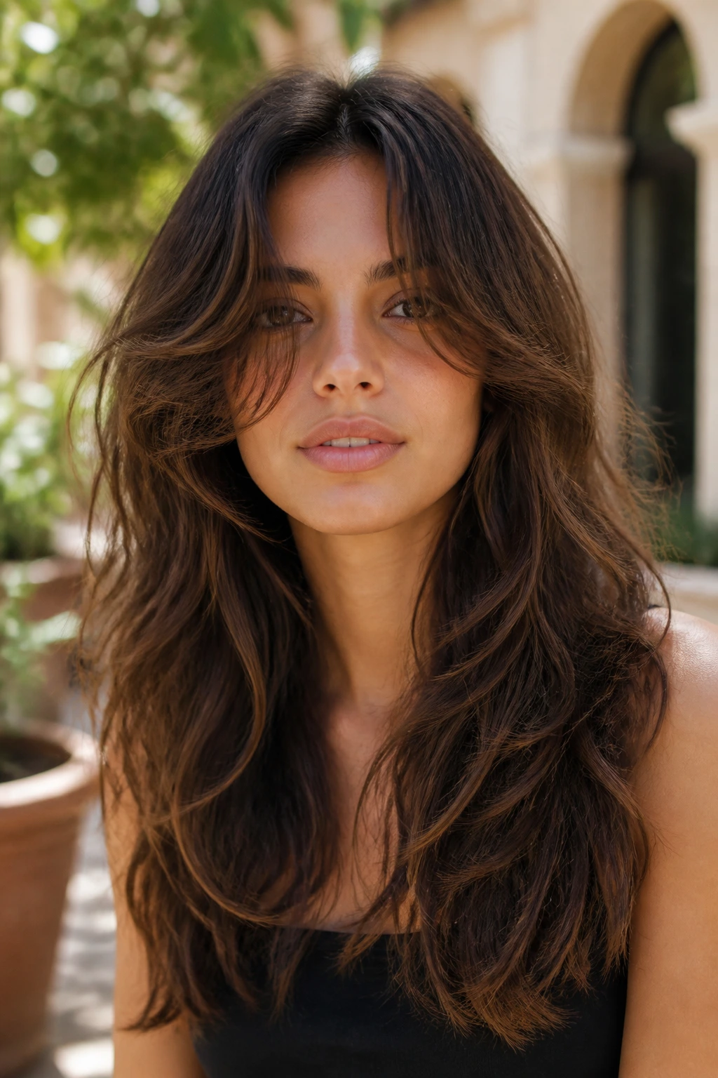 Close-up of a real person with airy layers in heavy coarse hair in sunlit courtyard