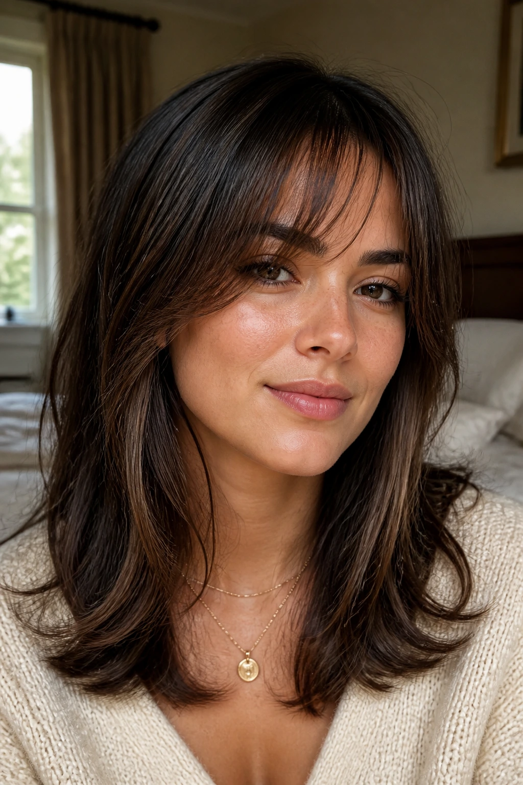 Close-up portrait of a woman with airy layers and wispy curtain bangs in warm natural light